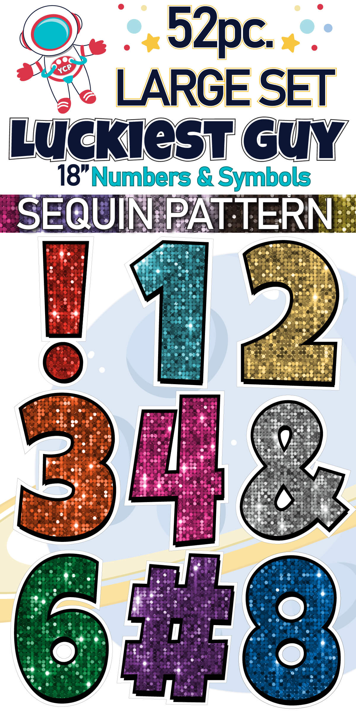 18" Luckiest Guy 52 pc. Numbers and Symbols Set in Sequin Pattern