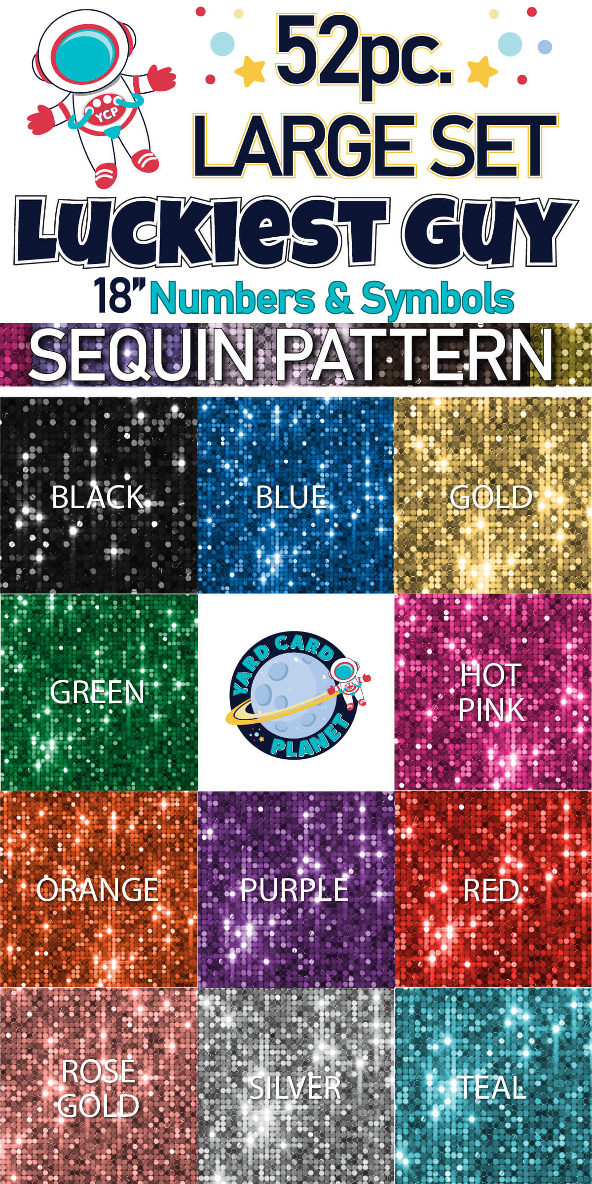 18" Luckiest Guy 52 pc. Numbers and Symbols Set in Sequin Pattern