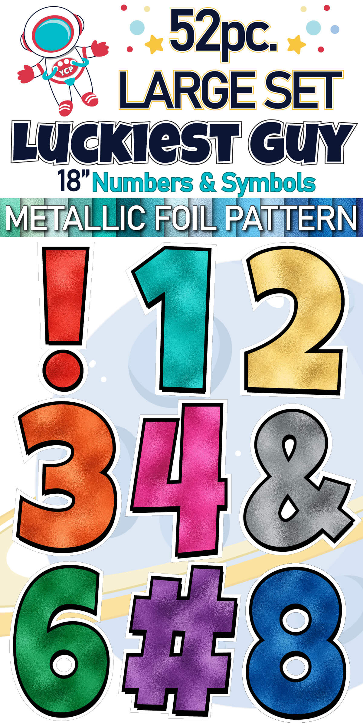 18" Luckiest Guy 52 pc. Numbers and Symbols Set in Metallic Foil Pattern