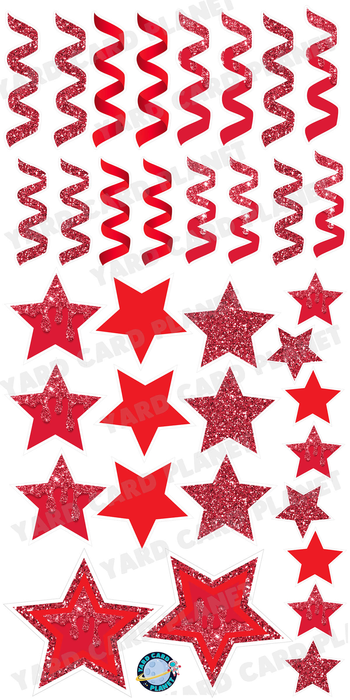 Red Glitter and Solid Stars and Streamers Yard Card Flair Set