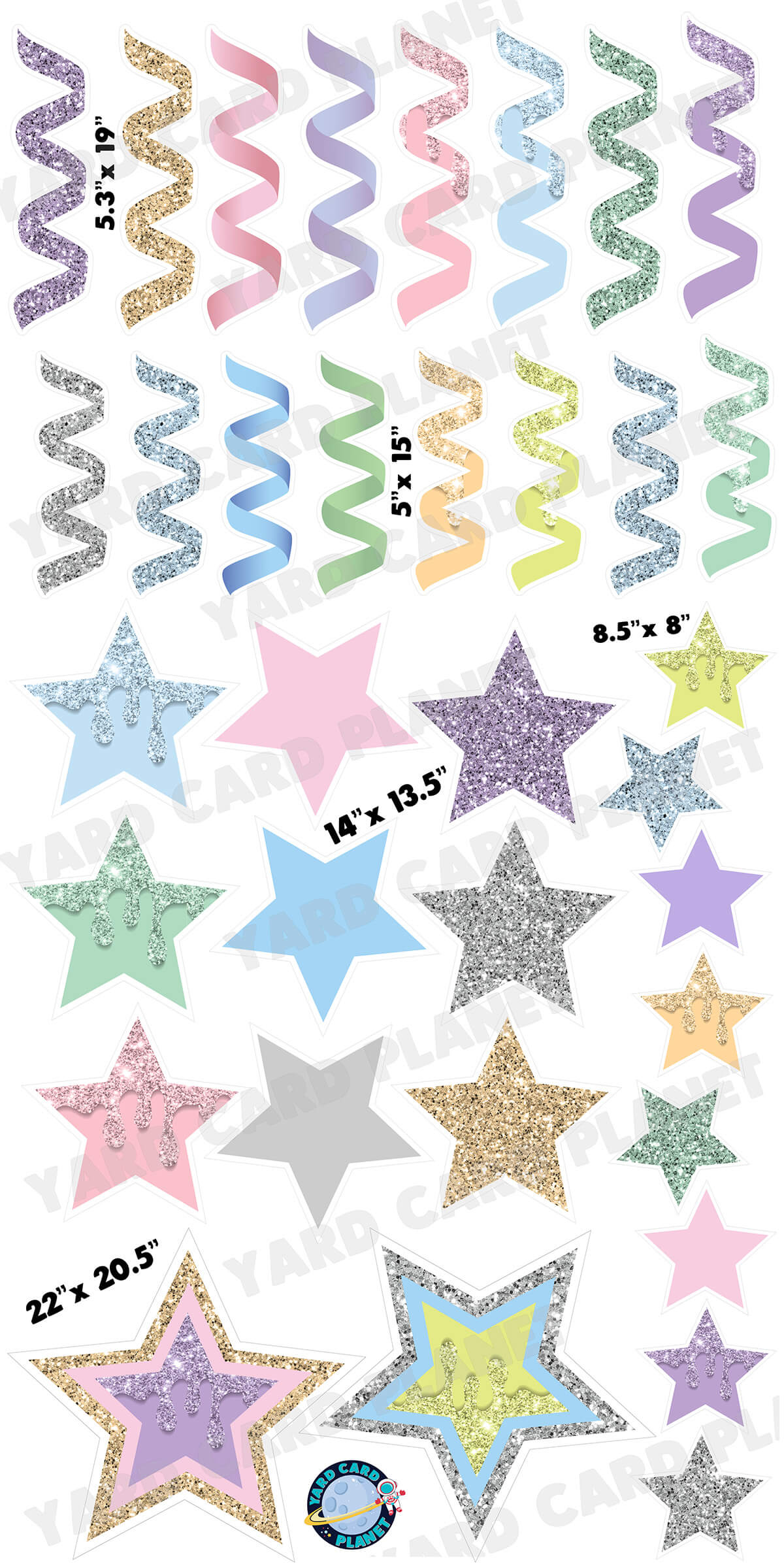Pastel Multi Colored Glitter and Solid Stars and Streamers Yard Card Flair Set