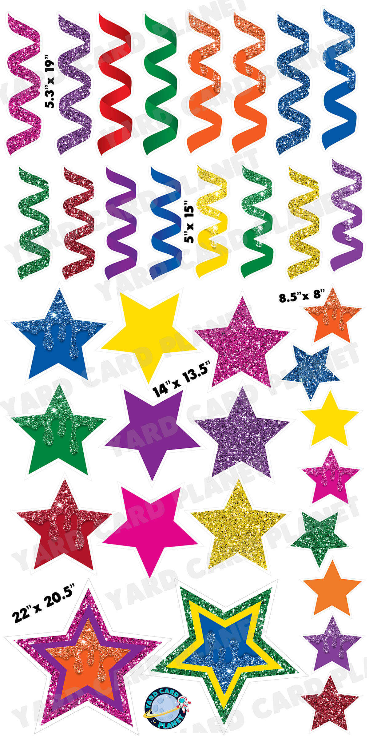 Bright Multi Colored Glitter and Solid Stars and Streamers Yard Card Flair Set