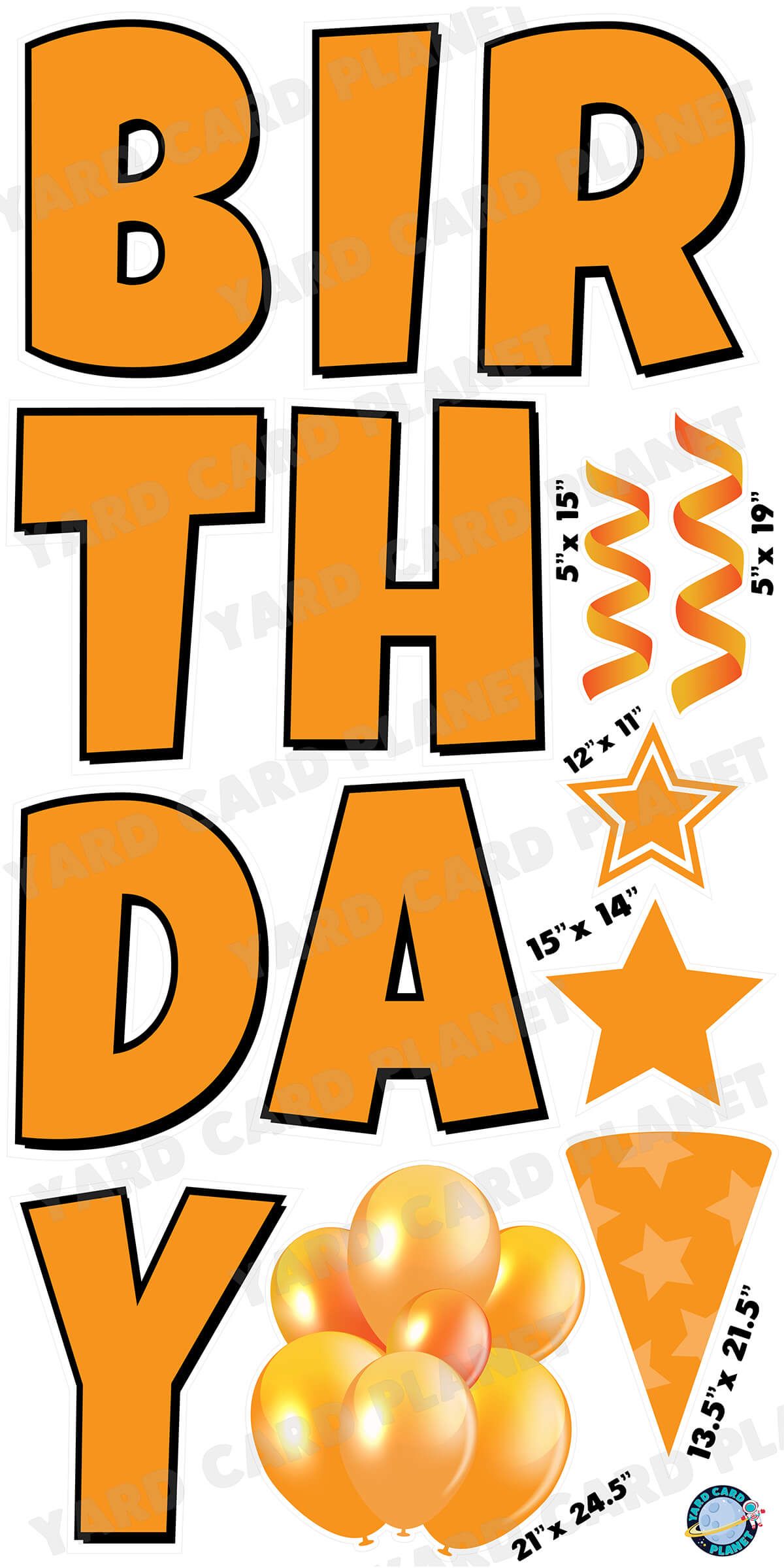 Large 23.5" Solid Orange Happy Birthday Individual Letters in Luckiest Guy Font and Birthday Flair Set Page Two with Measurements