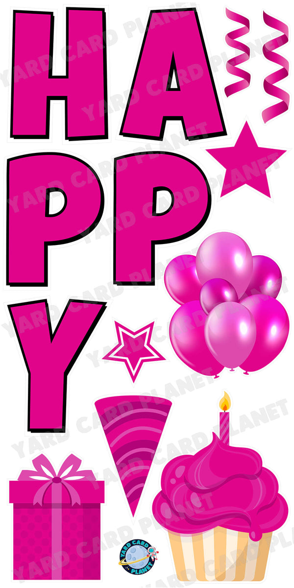 Large 23.5" Solid Hot Pink Happy Birthday Individual Letters in Luckiest Guy Font and Birthday Flair Set Page One
