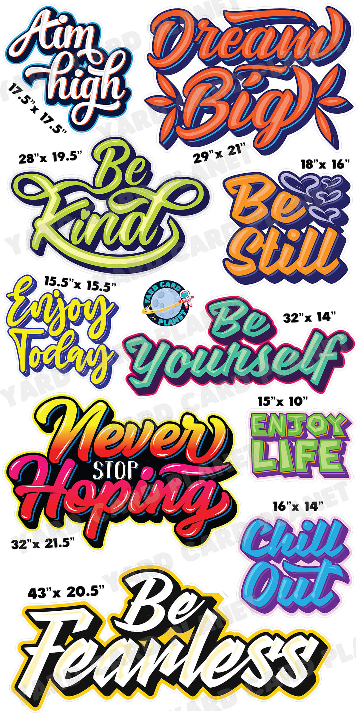 Colorful Inspirational and Motivational Sayings Yard Card Flair Set with Measurements