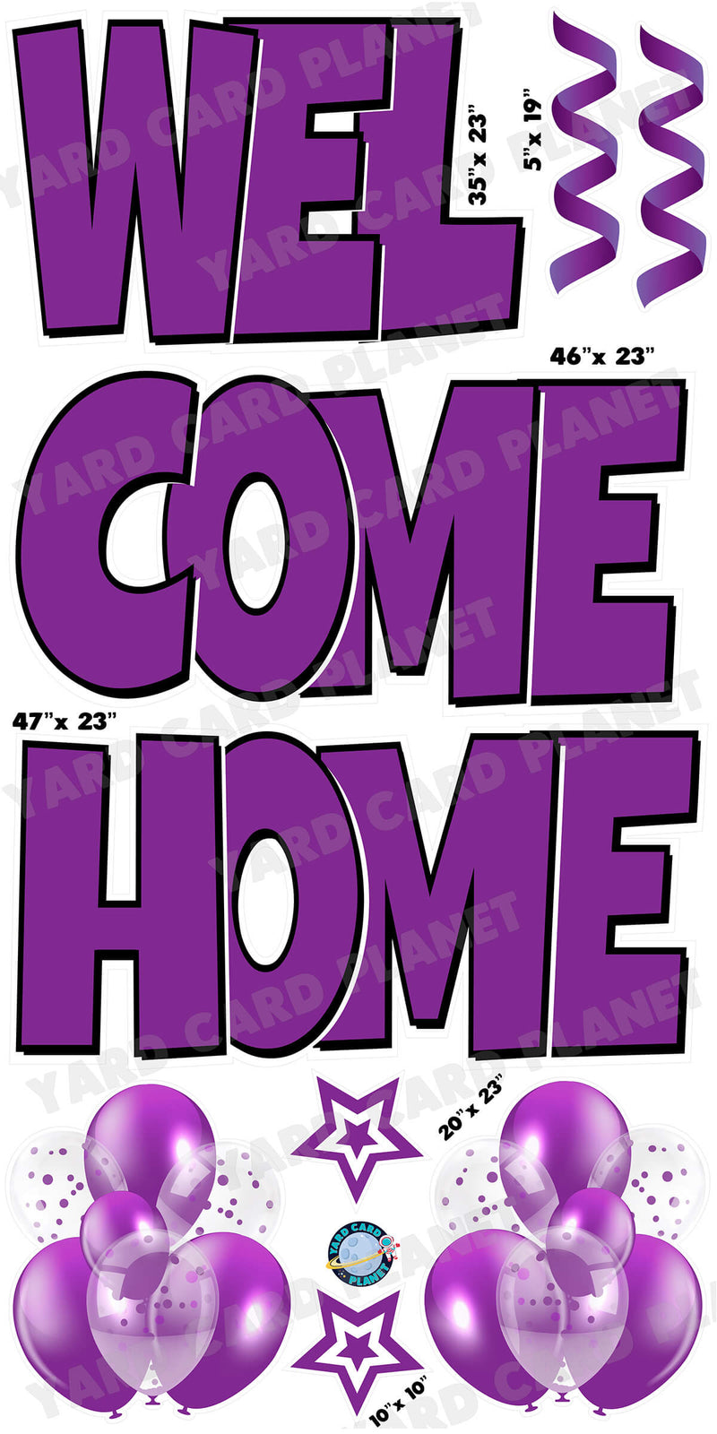 Large 23" Welcome Home Yard Card EZ Quick Sets in Luckiest Guy Font and Flair in Purple Solid Color