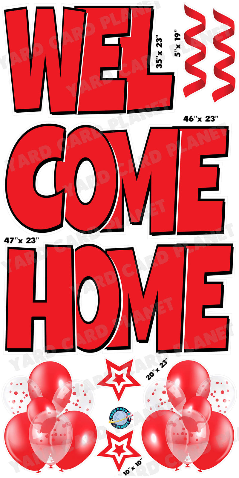 Large 23" Welcome Home Yard Card EZ Quick Sets in Luckiest Guy Font and Flair in Red Solid Color