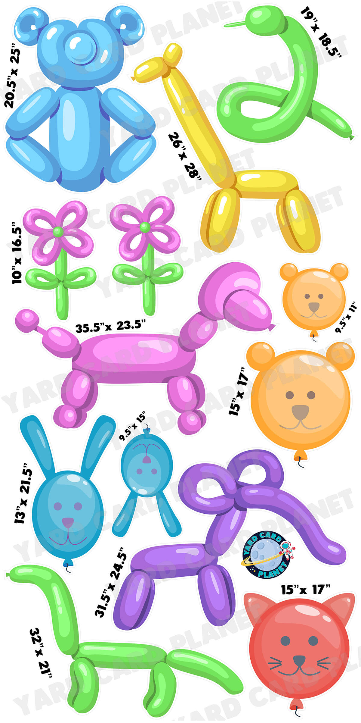 Balloon Animals Yard Card Set with Measurements