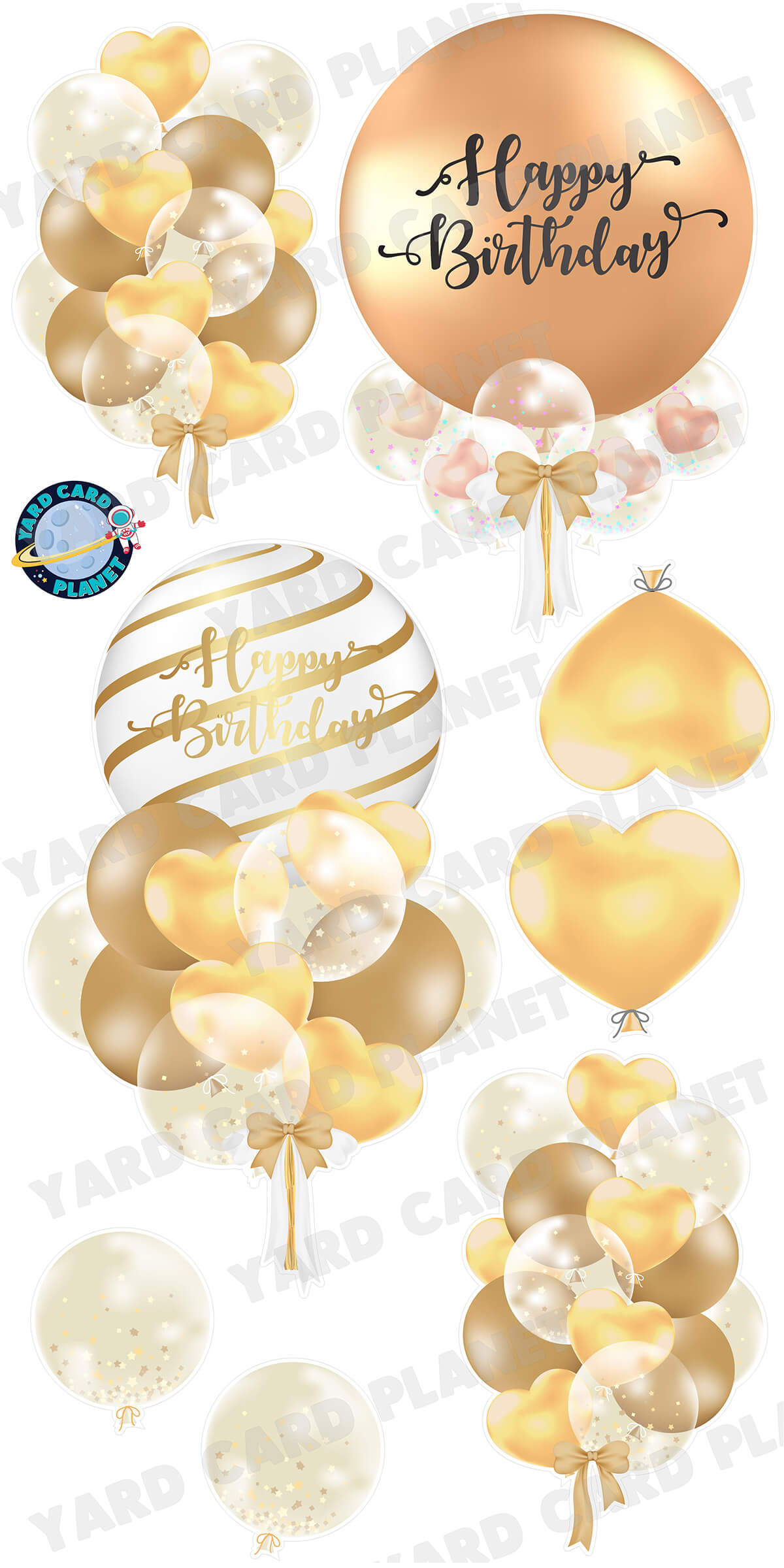 Elegant Gold Tone Happy Birthday Balloon Bouquets Yard Card Set
