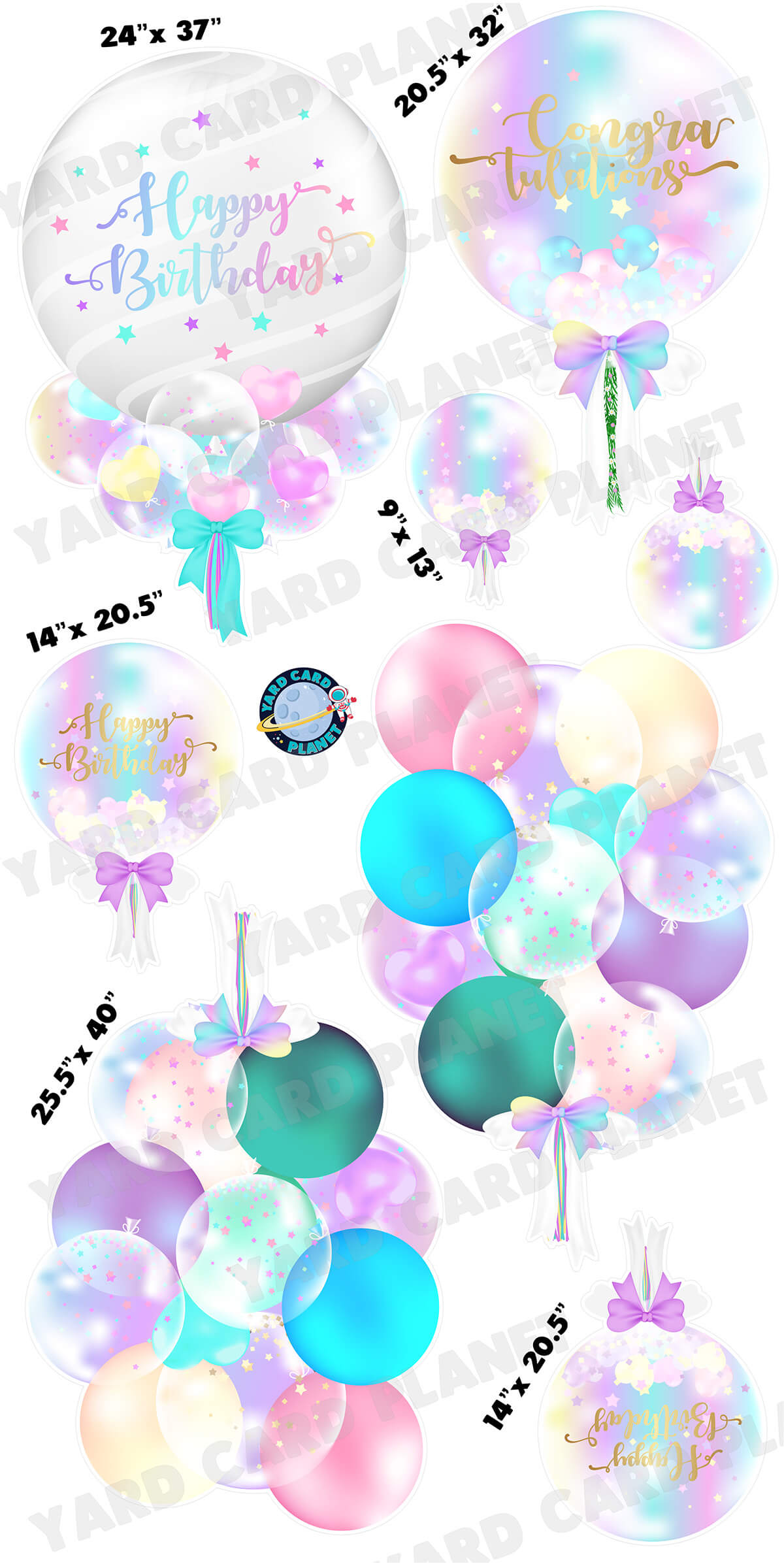 Elegant Colorful Metallic Happy Birthday Balloon Bouquets Yard Card Set with Measurements