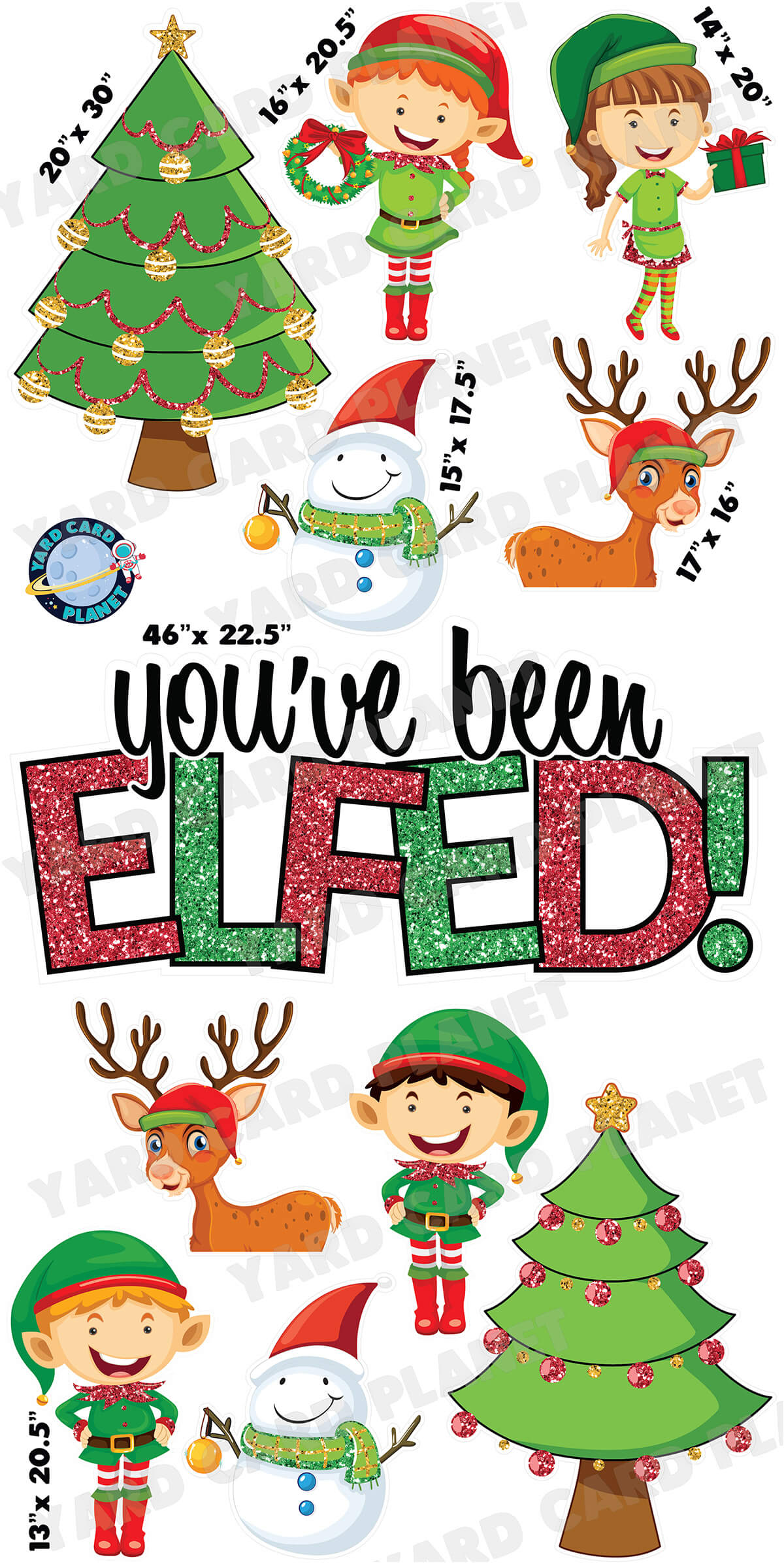Glitter Pattern You've Been Elfed Christmas EZ Quick Sign and Yard Card Flair Set with Measurements