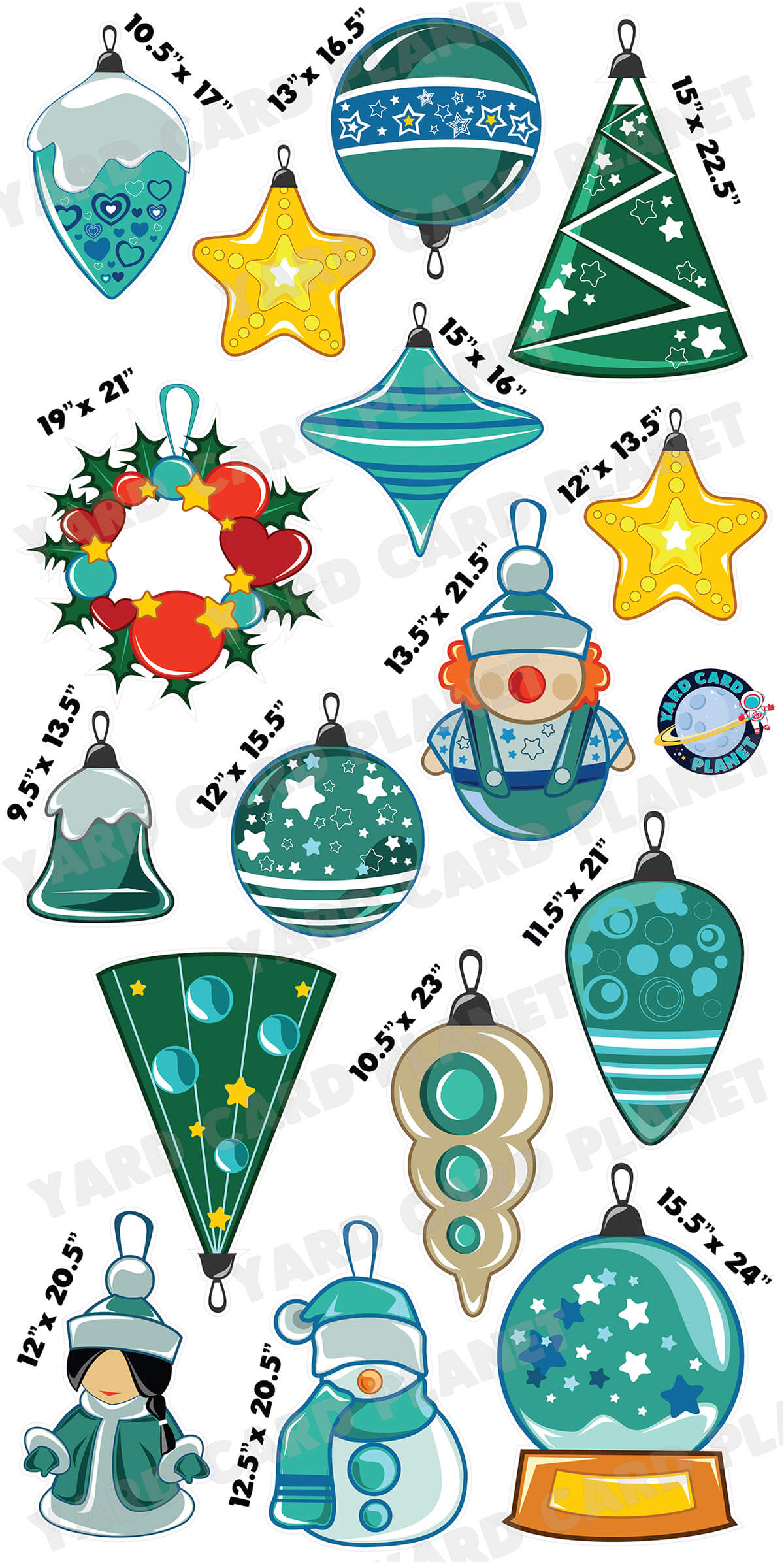 Winter Wonderland Christmas Ornaments Yard Card Flair Set with Measurements