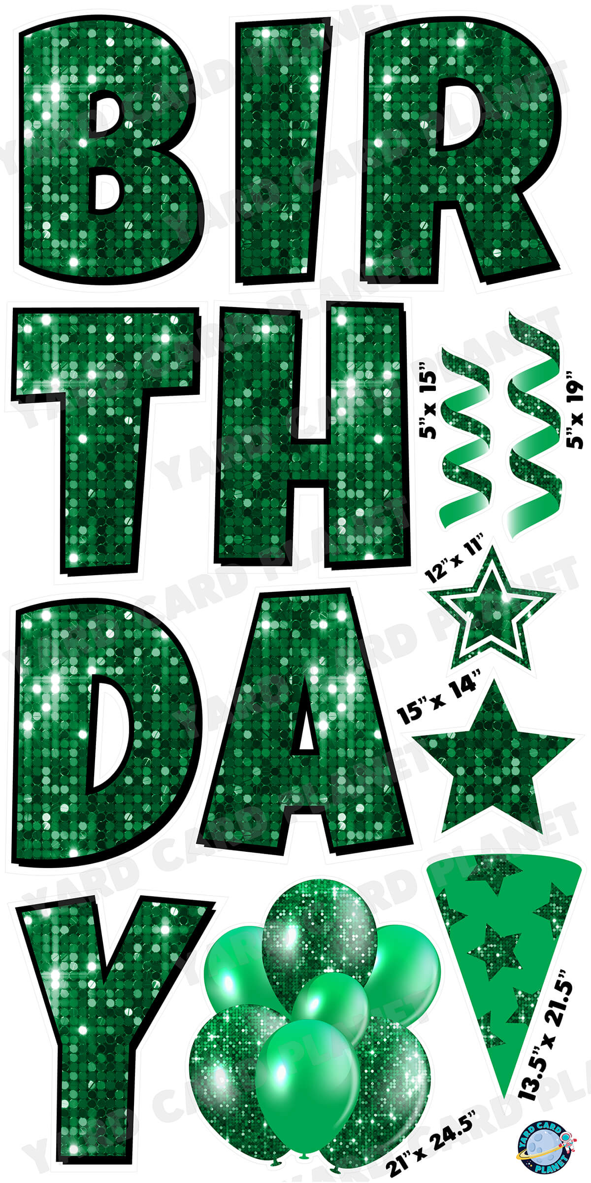 Large 23.5" Sequin Green Happy Birthday Individual Letters in Luckiest Guy Font and Birthday Flair Set