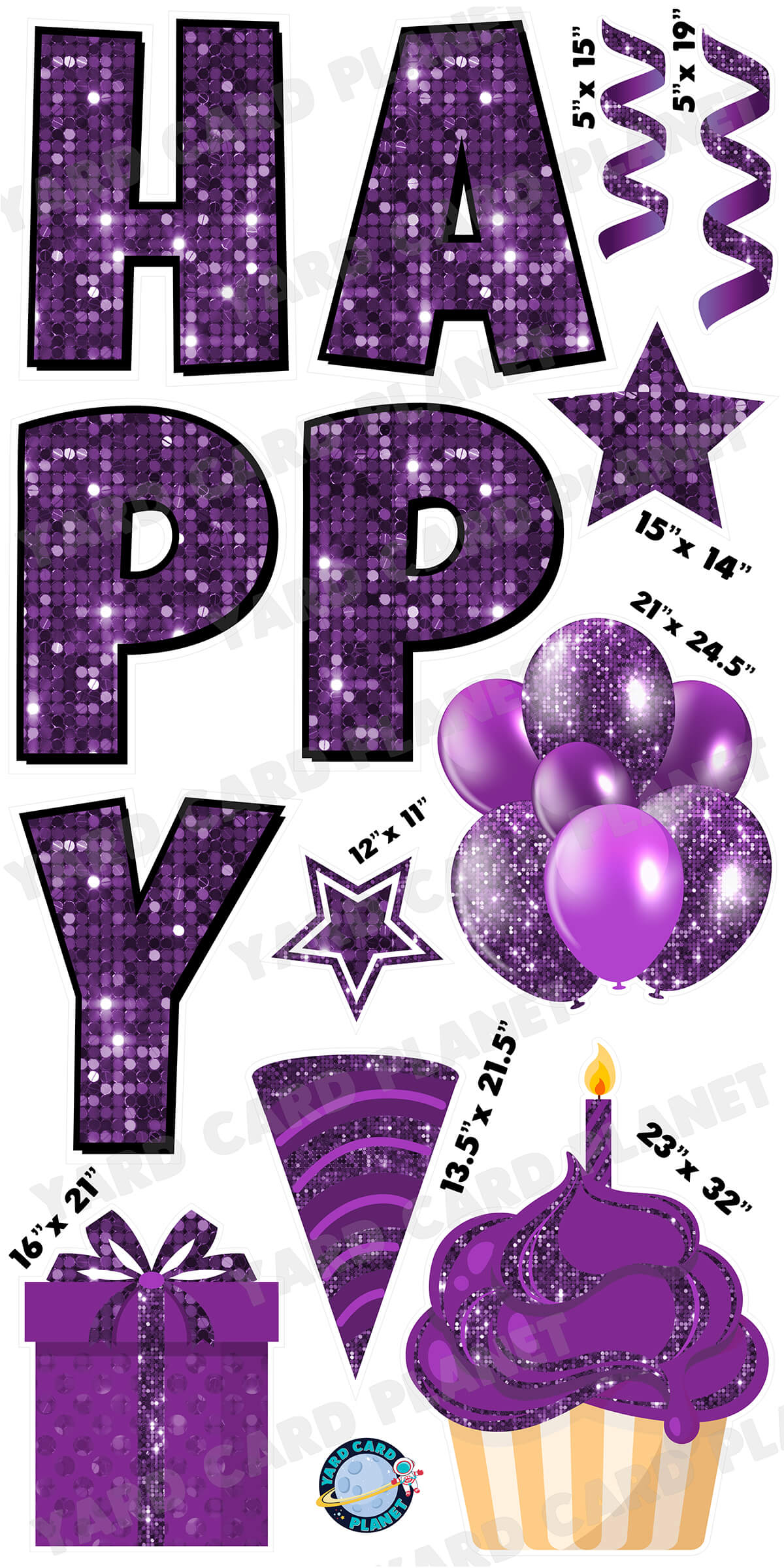 Large 23.5" Sequin Purple Happy Birthday Individual Letters in Luckiest Guy Font and Birthday Flair Set