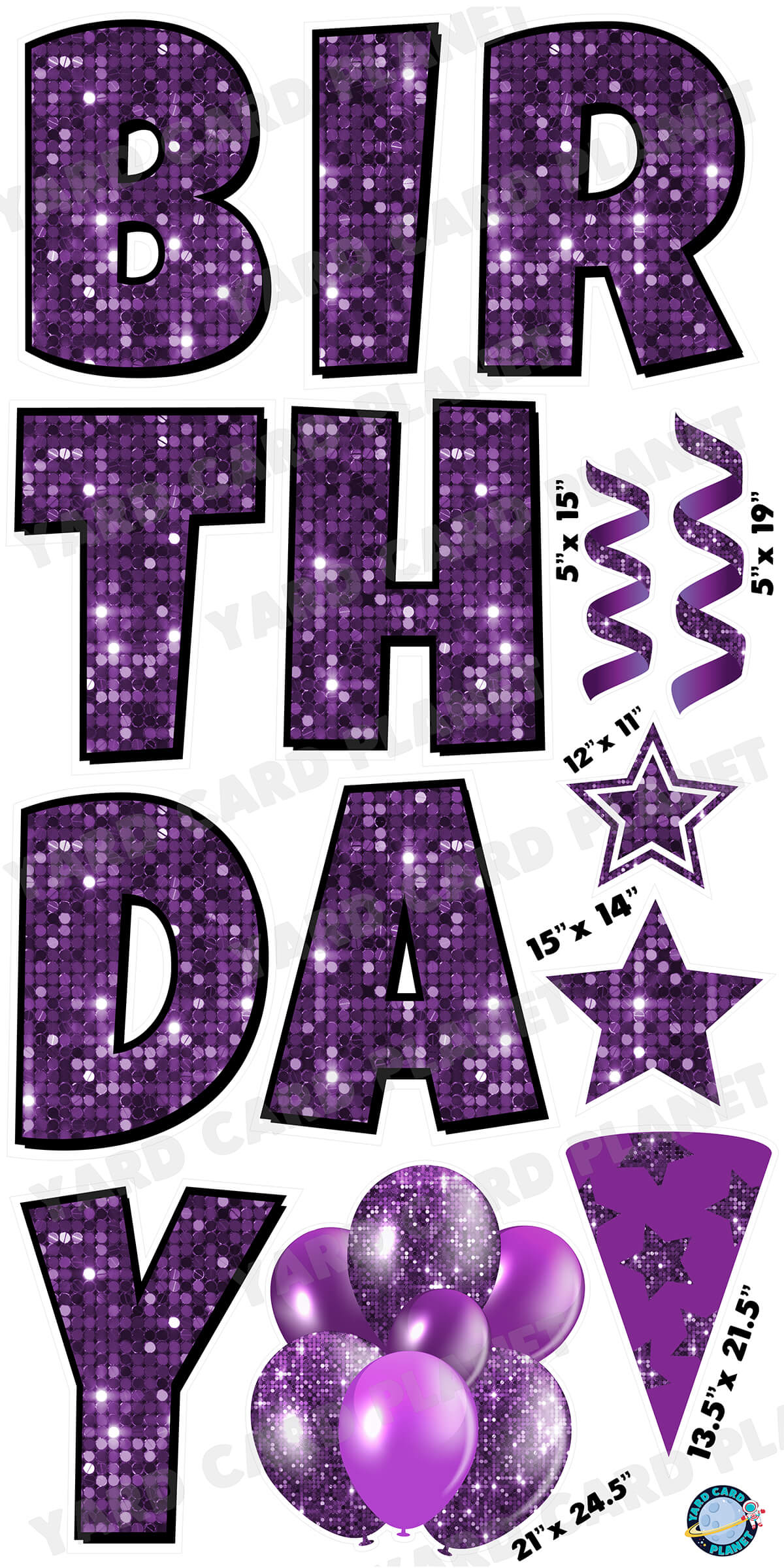 Large 23.5" Sequin Purple Happy Birthday Individual Letters in Luckiest Guy Font and Birthday Flair Set