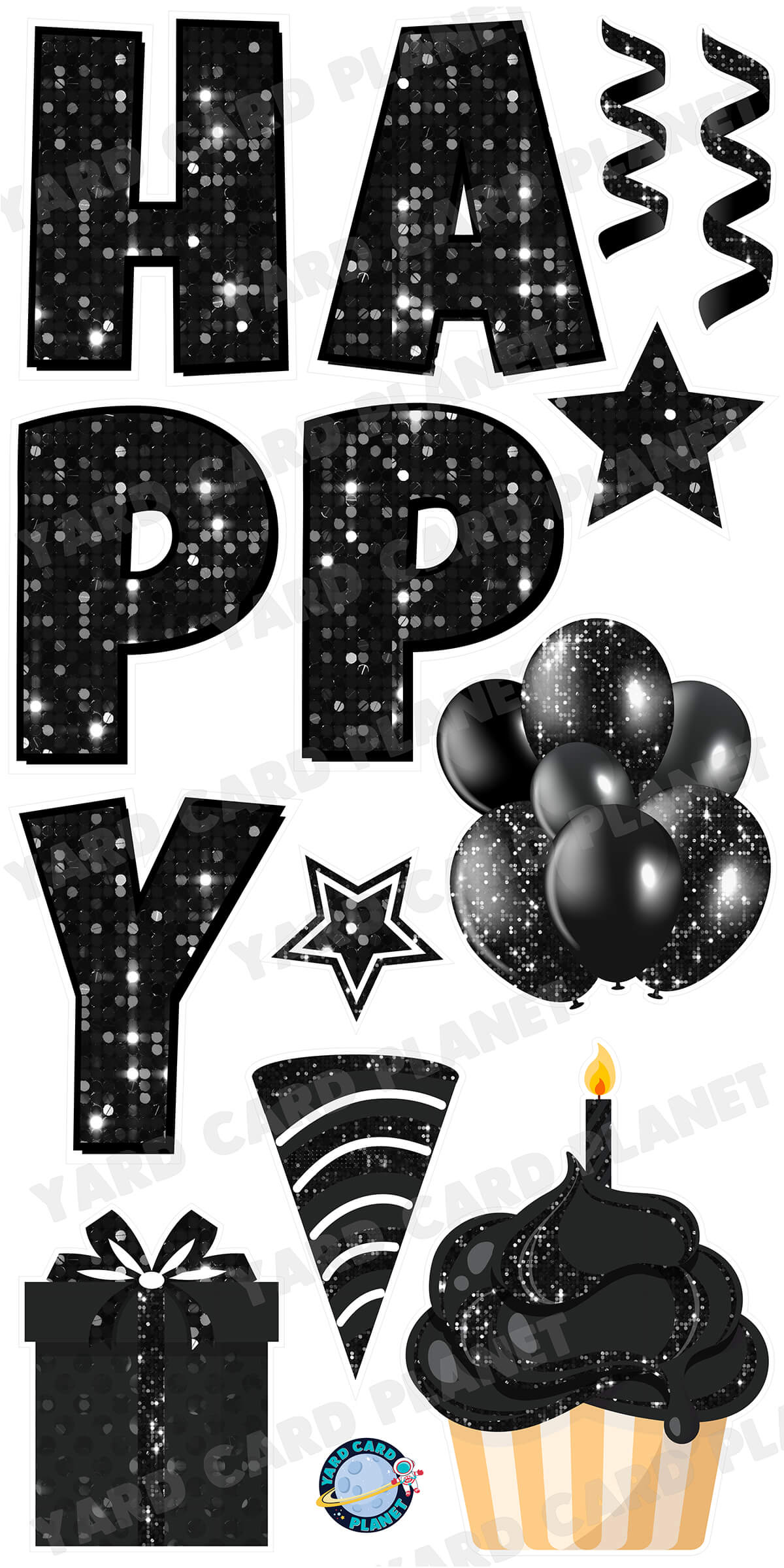 23.5 Inch Happy store Birthday - Black Sequins - 4 Piece EZ Set Yard Sign