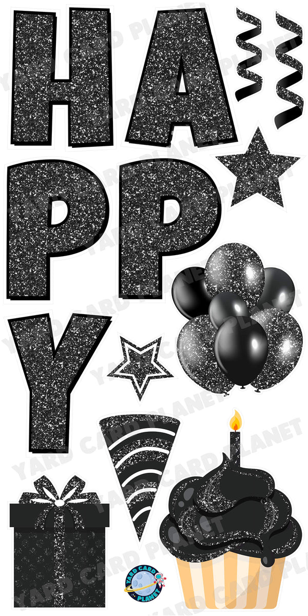 Large 23.5" Glitter Black Happy Birthday Individual Letters in Luckiest Guy Font and Birthday Flair Set