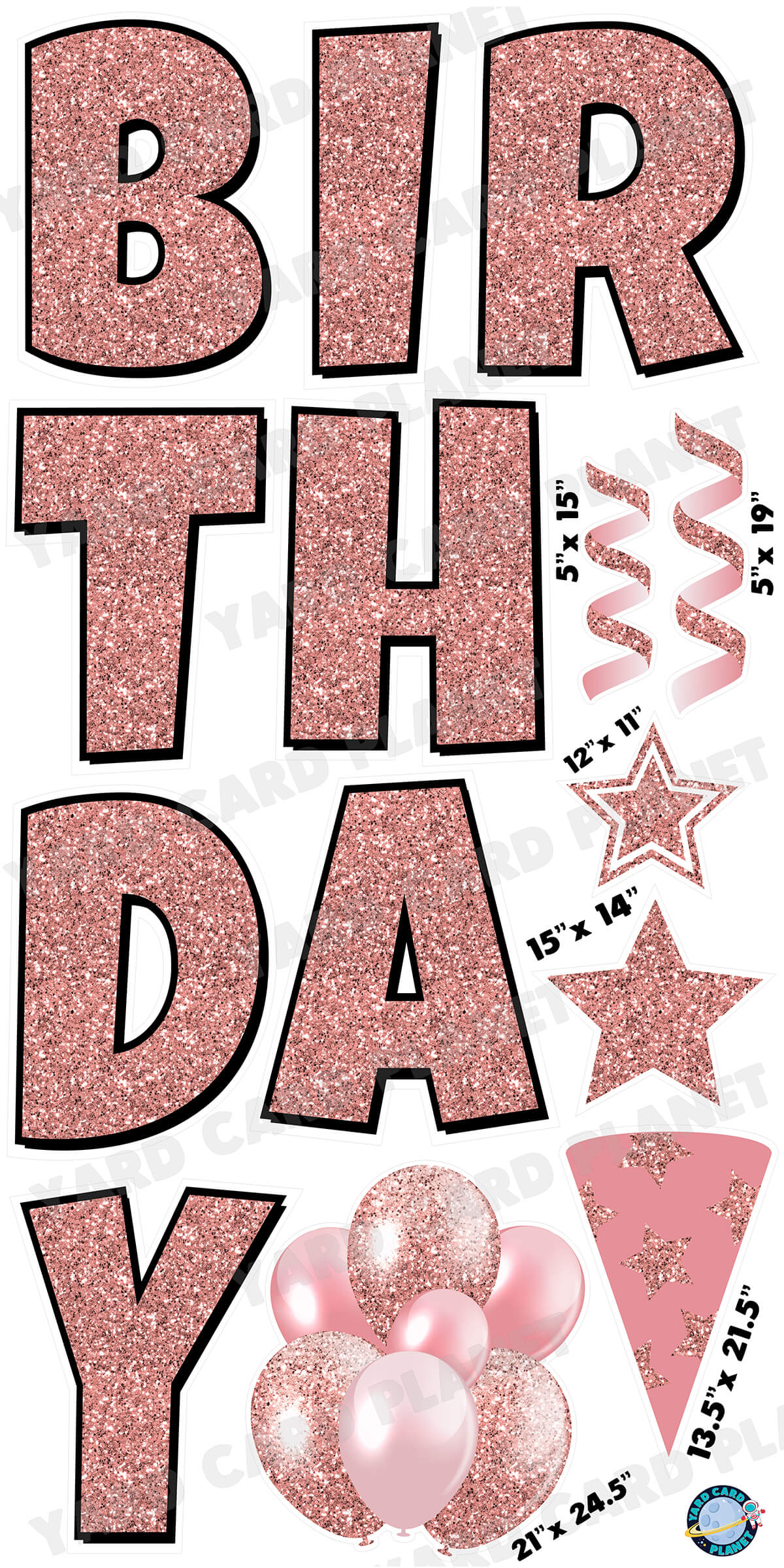 Large 23.5" Glitter Rose Gold Happy Birthday Individual Letters in Luckiest Guy Font and Birthday Flair Set