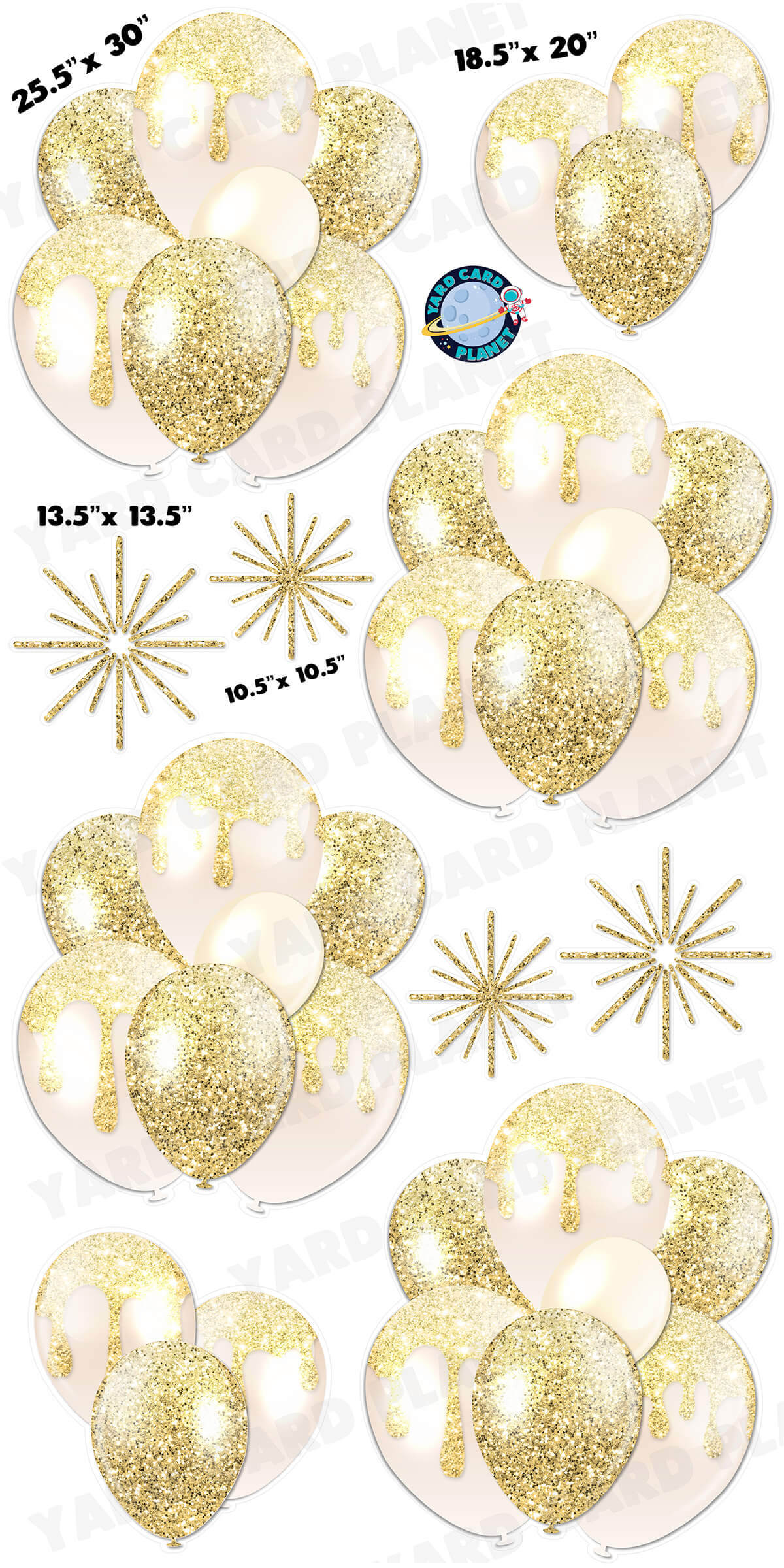 Gold Glitter Balloon Bouquets and Starbursts Yard Card Set