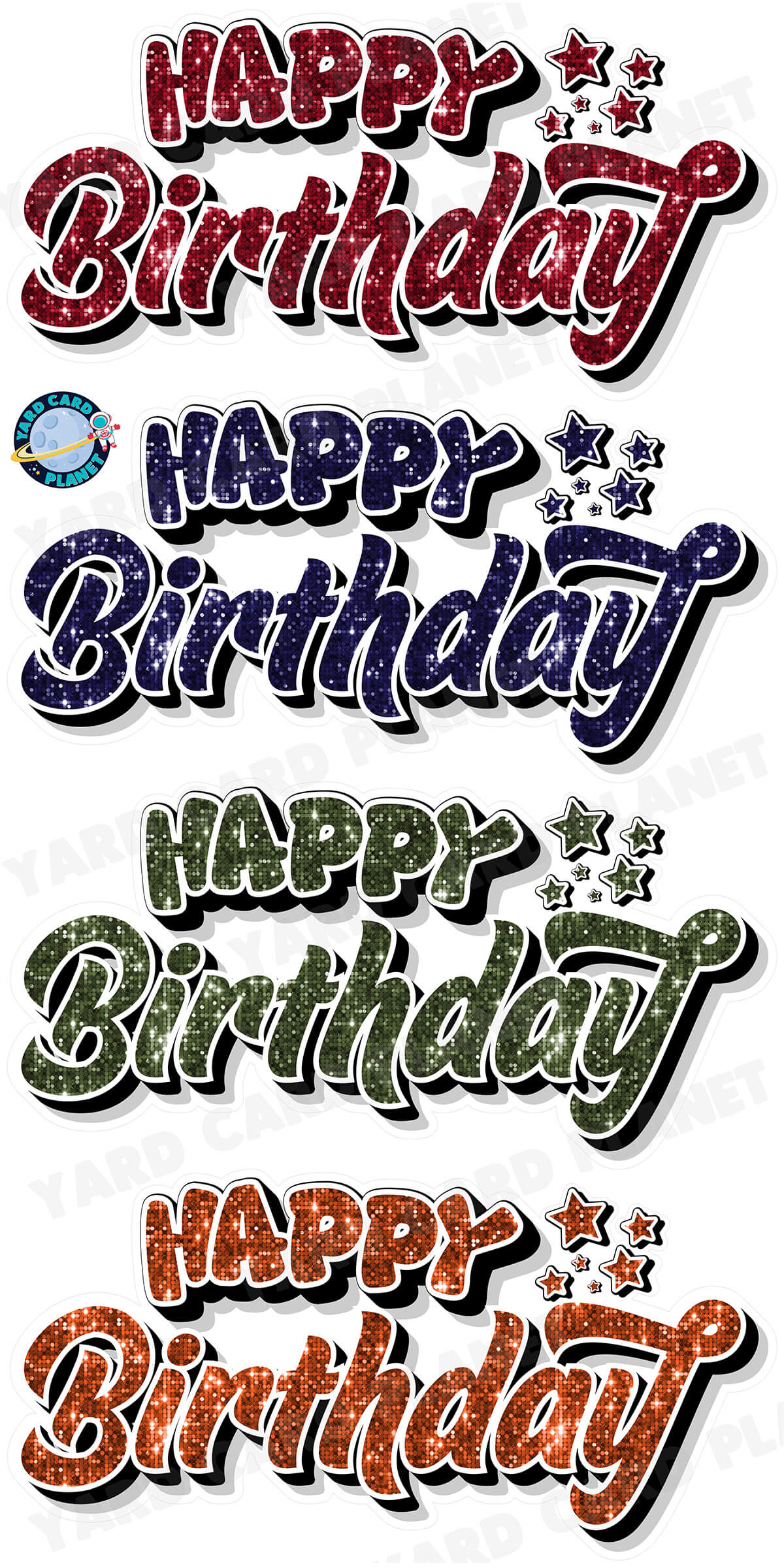 Happy Birthday EZ Quick Signs in Sequin Maroon, Navy Blue, Hunter Green and Orange Yard Card Set