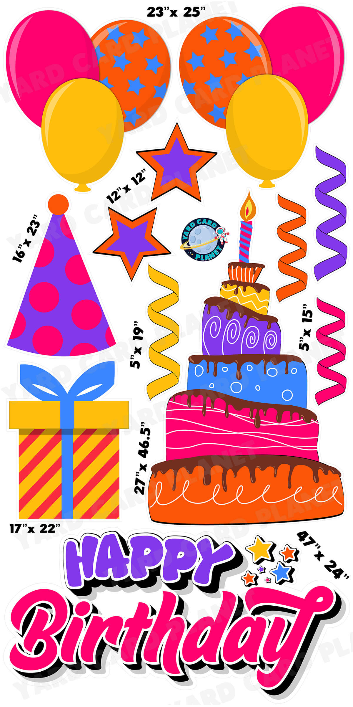 Bright Multi Color Happy Birthday EZ Quick Sign and Birthday Essentials Yard Card Flair Set with Measurements