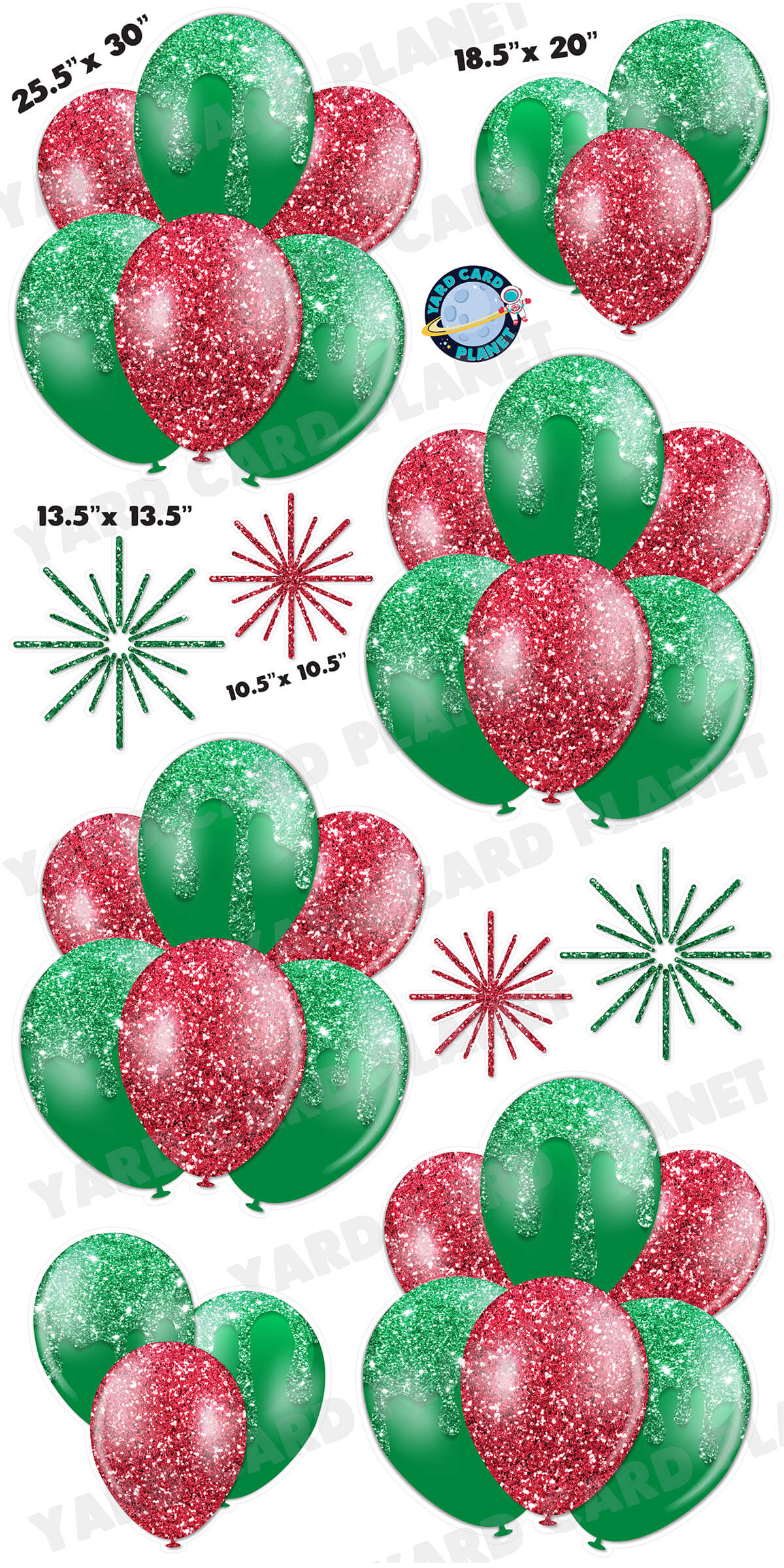 Christmas Red and Green Glitter Balloon Bouquets and Starbursts Yard Card Set with Measurements