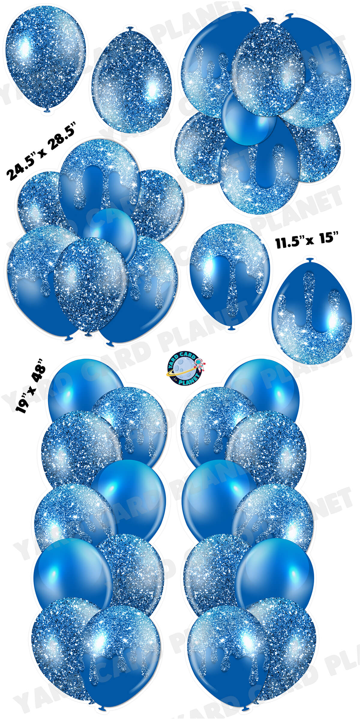 Blue Glitter Balloon Towers, Bouquets and Singles Yard Card Set with Measurements