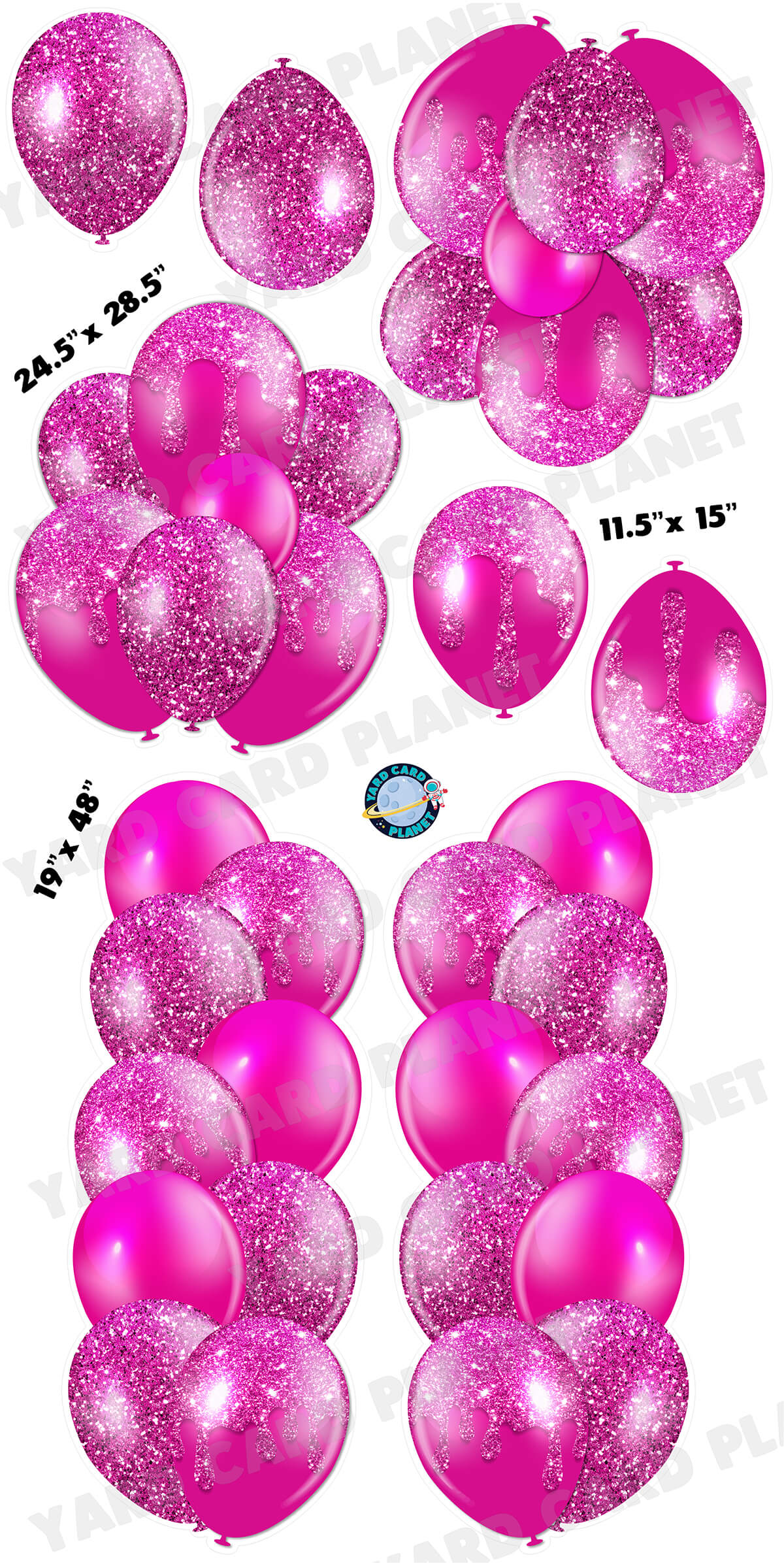 Hot Pink Glitter Balloon Towers, Bouquets and Singles Yard Card Set with Measurements