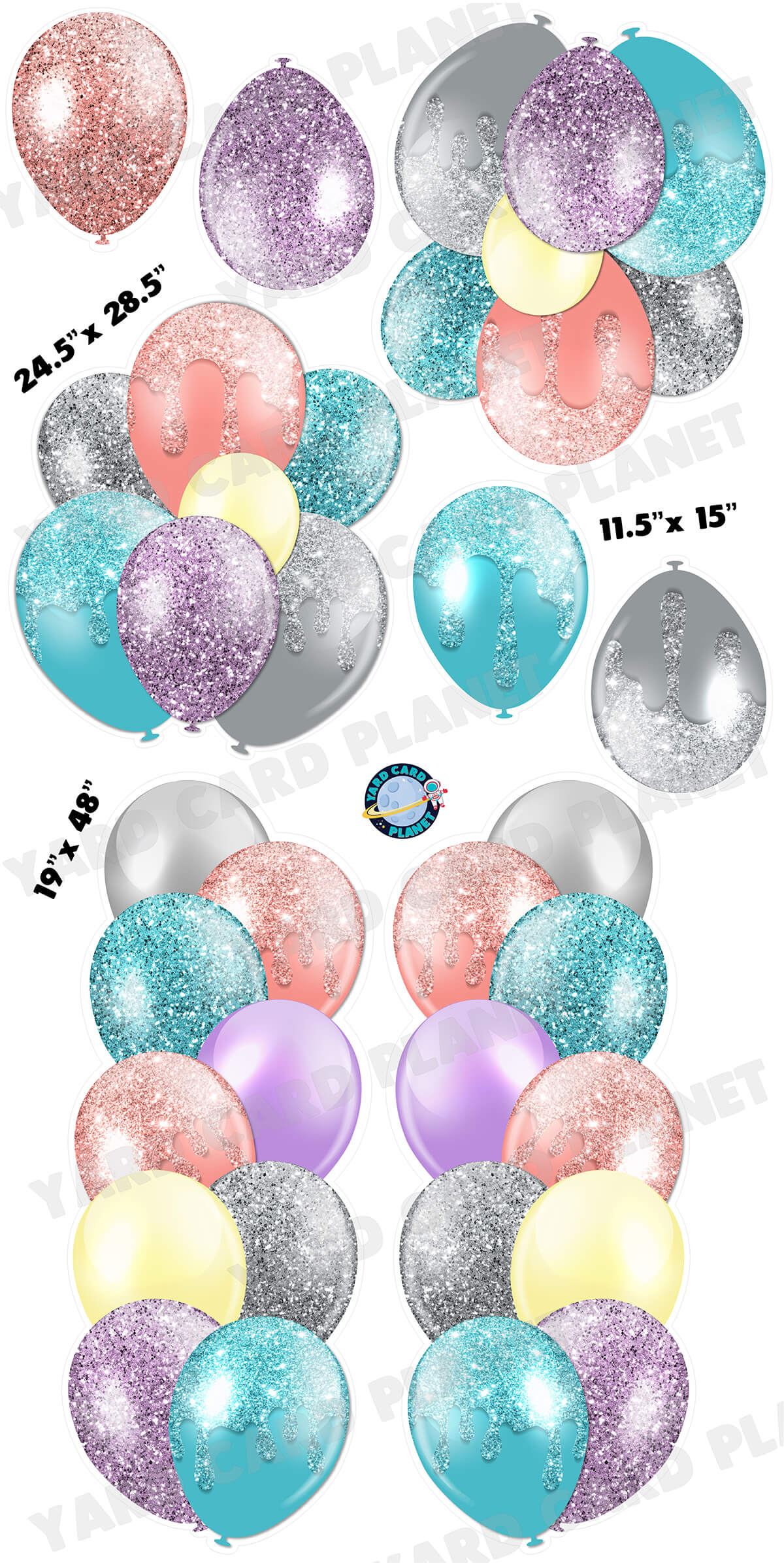 Pastel Colorful Glitter Balloon Towers, Bouquets and Singles Yard Card Set with Measurements