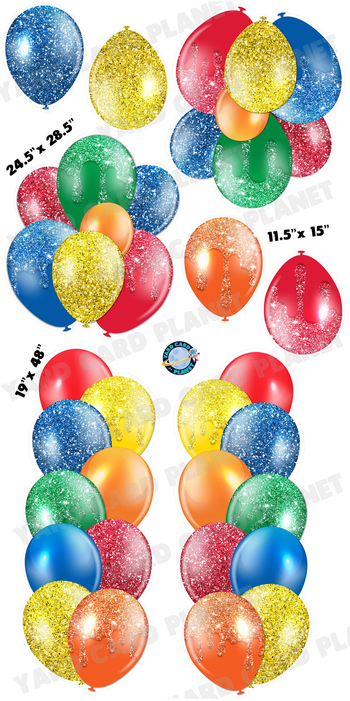 Bright Colorful Glitter Balloon Towers, Bouquets and Singles Yard Card Set with Measurements