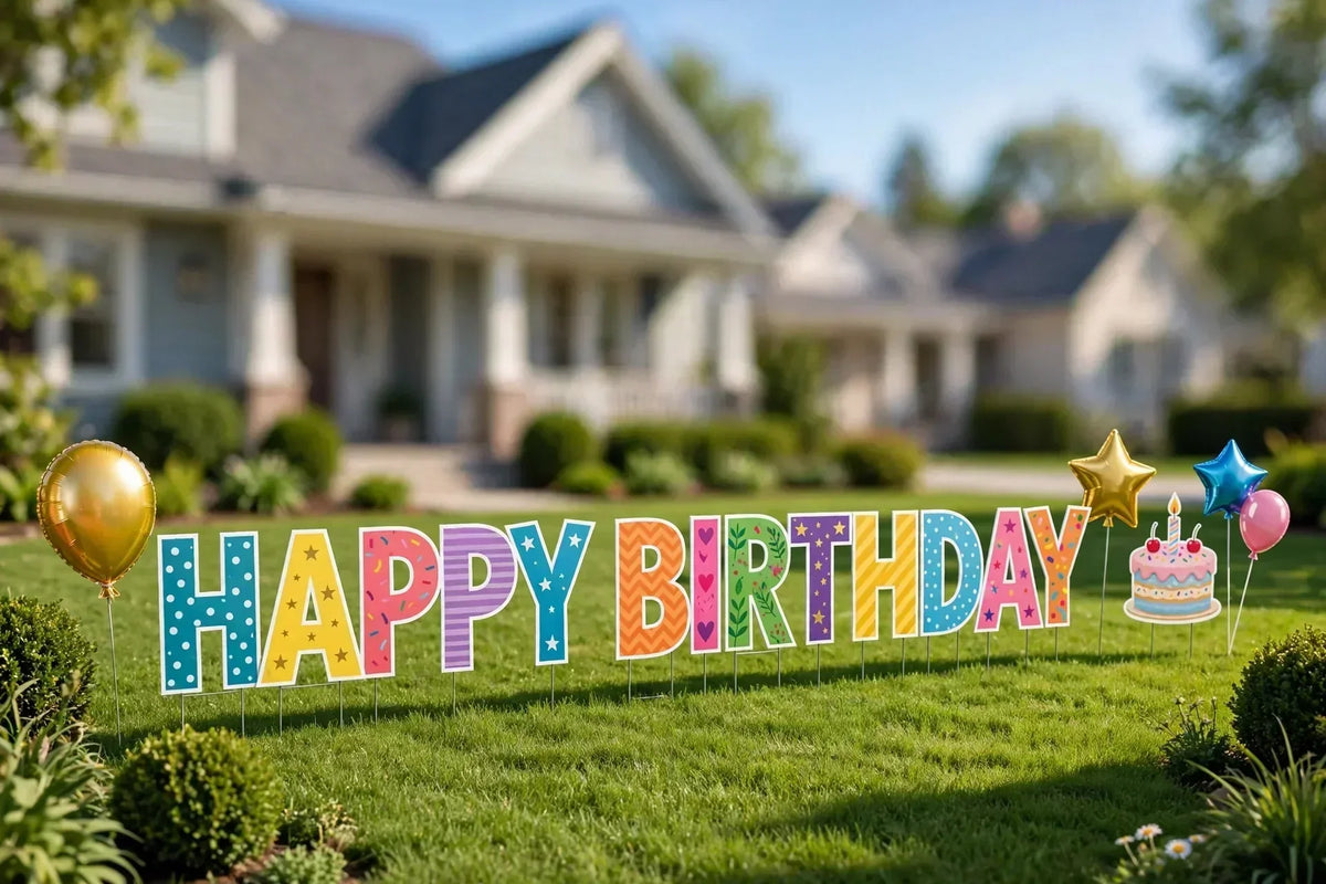 Colorful HAPPY BIRTHDAY yard card display with balloon, star, and cake flair installed in a sunny front yard