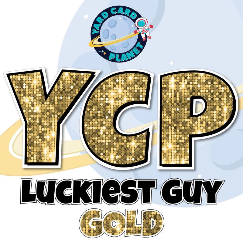 12" Luckiest Guy 41 pc. Letters and Symbols Set in Gold Sequin Pattern
