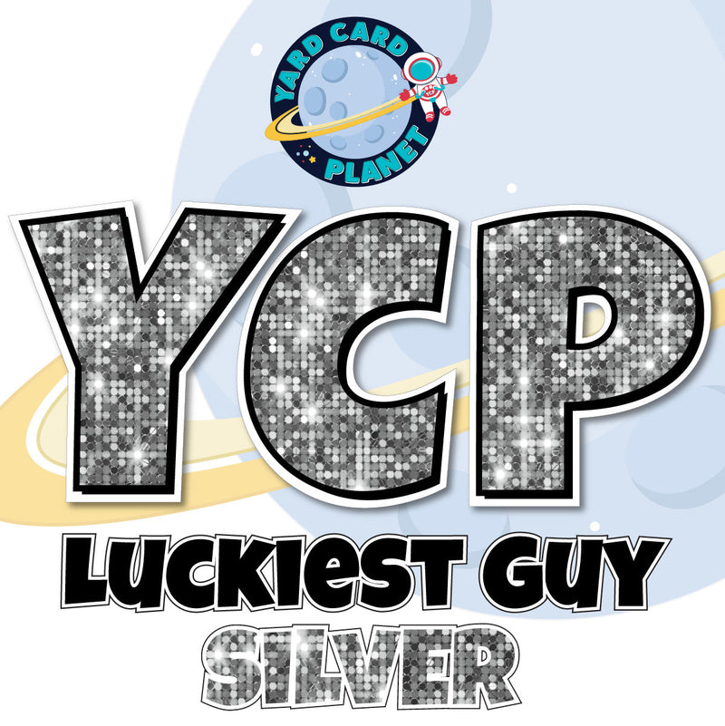 12" Luckiest Guy 41 pc. Letters and Symbols Set in Silver Sequin Pattern
