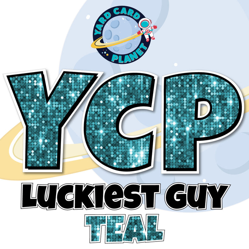 12" Luckiest Guy 41 pc. Letters and Symbols Set in Teal Sequin Pattern