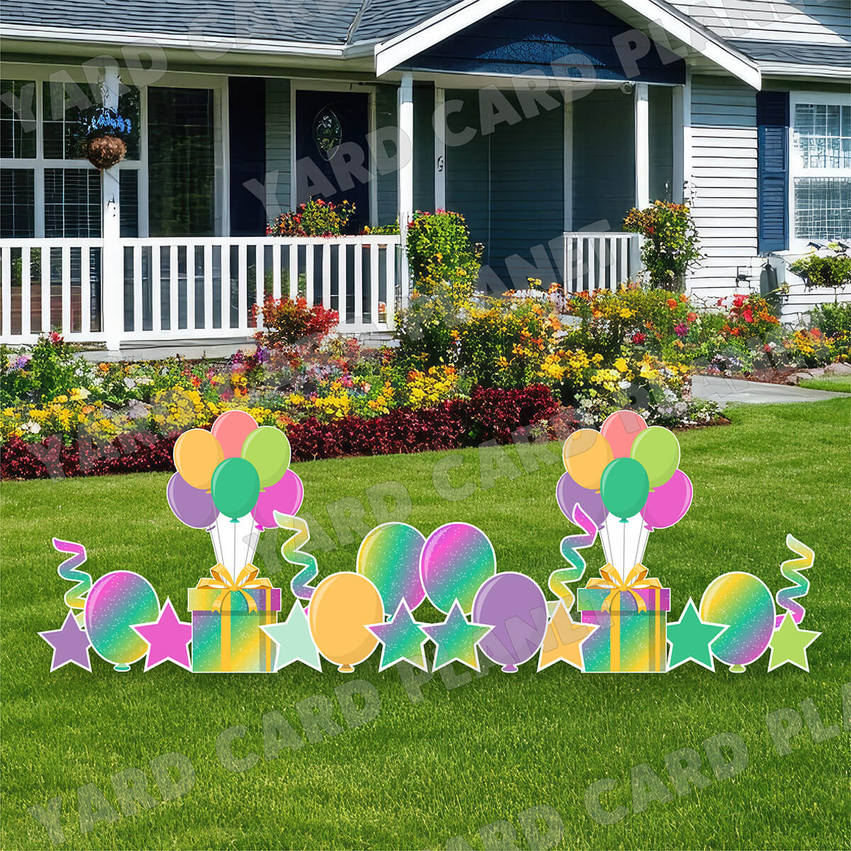 Multi-Colored Sparkle Extra Large Presents with Balloon Bouquet, Balloons, Stars and Steamers Yard Card Flair Set