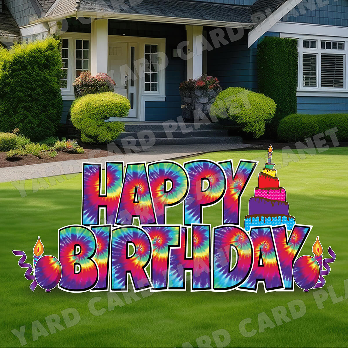 Large 23.5" Tie-Dye Themed Happy Birthday Yard Card EZ Quick Set in Luckiest Guy Font and Birthday Flair