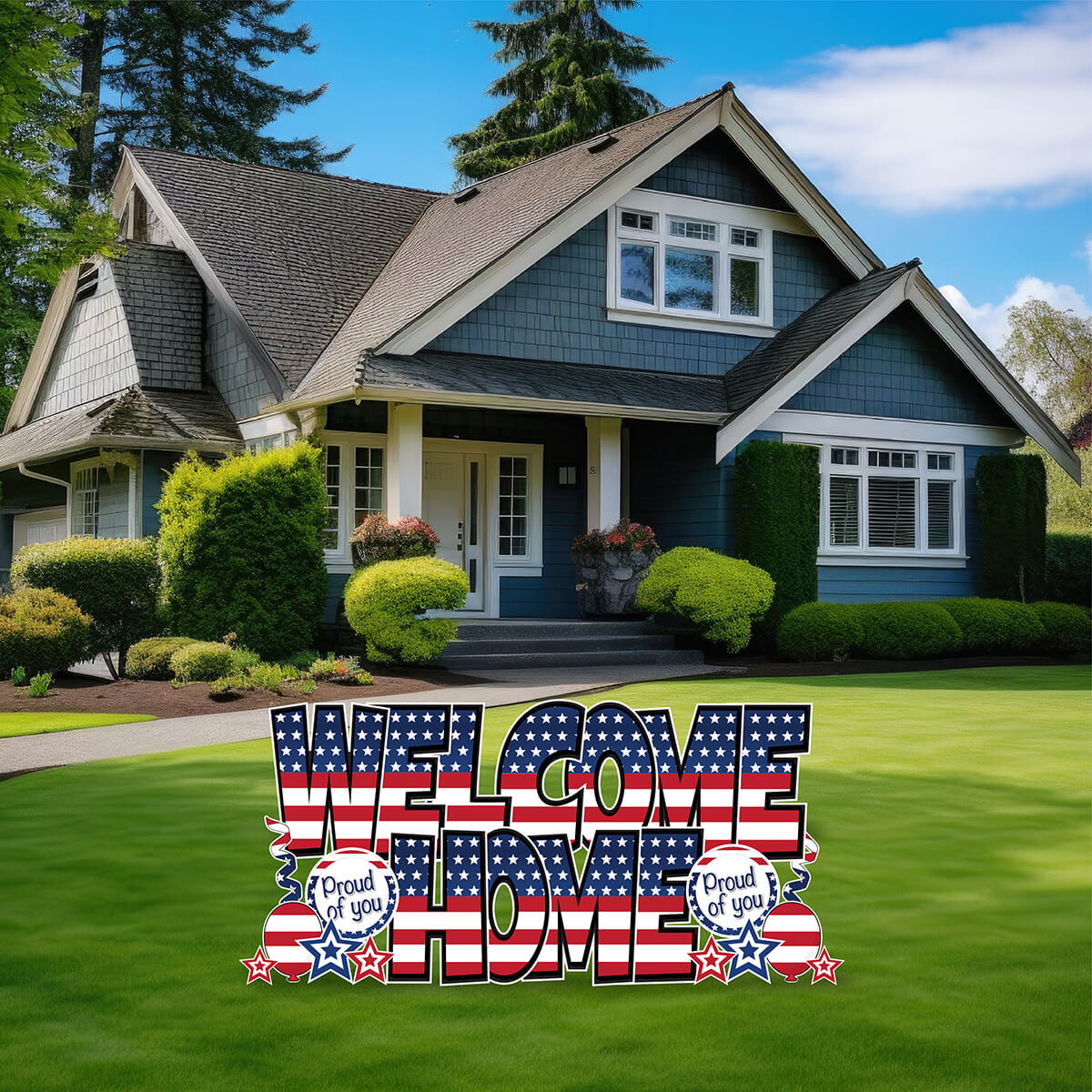 Large 23.5" Patriotic Welcome Home Yard Card EZ Quick Set in Luckiest Guy Font and Matching Flair