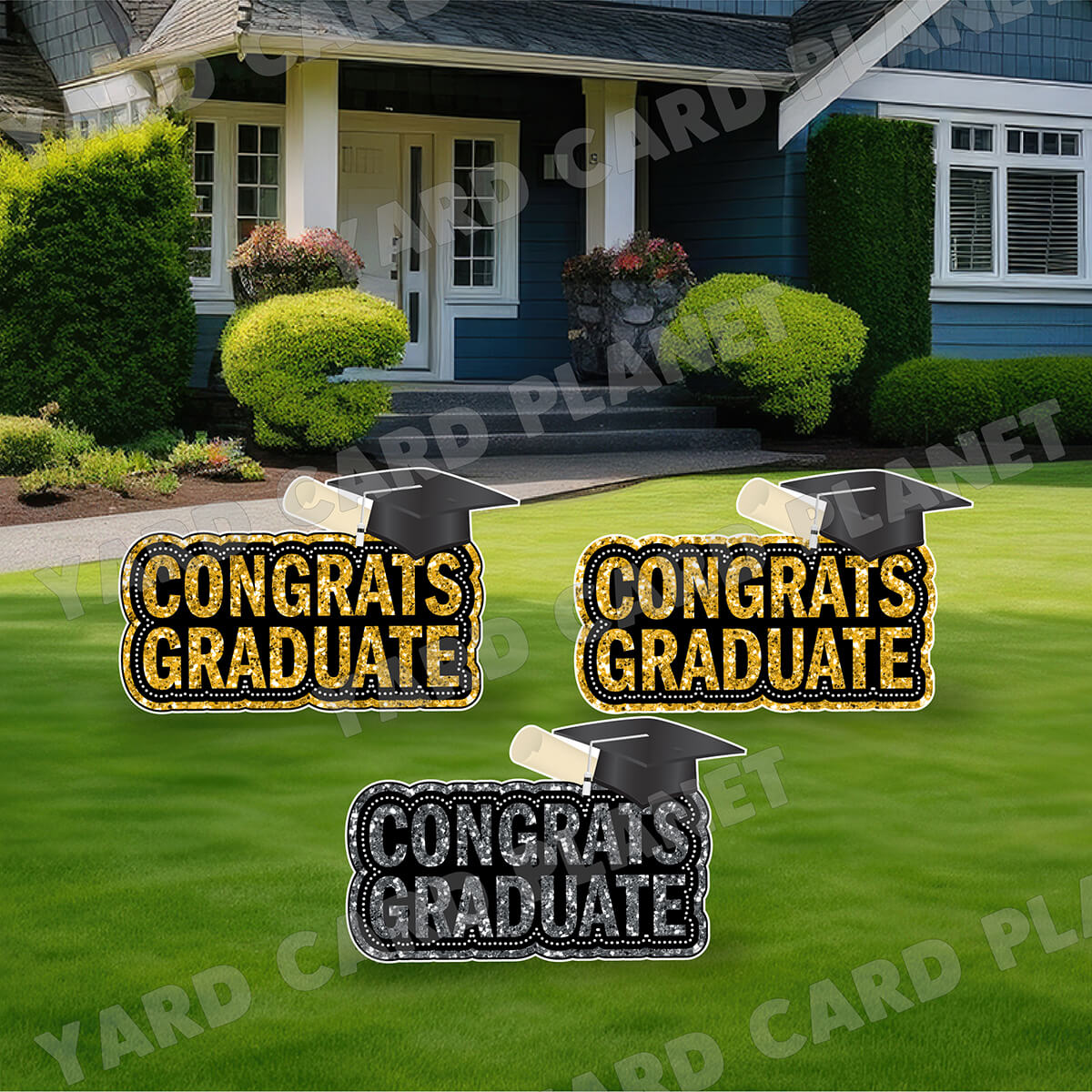 Congrats Graduate Gold and Silver Glitter EZ Quick Signs Yard Card Flair Set