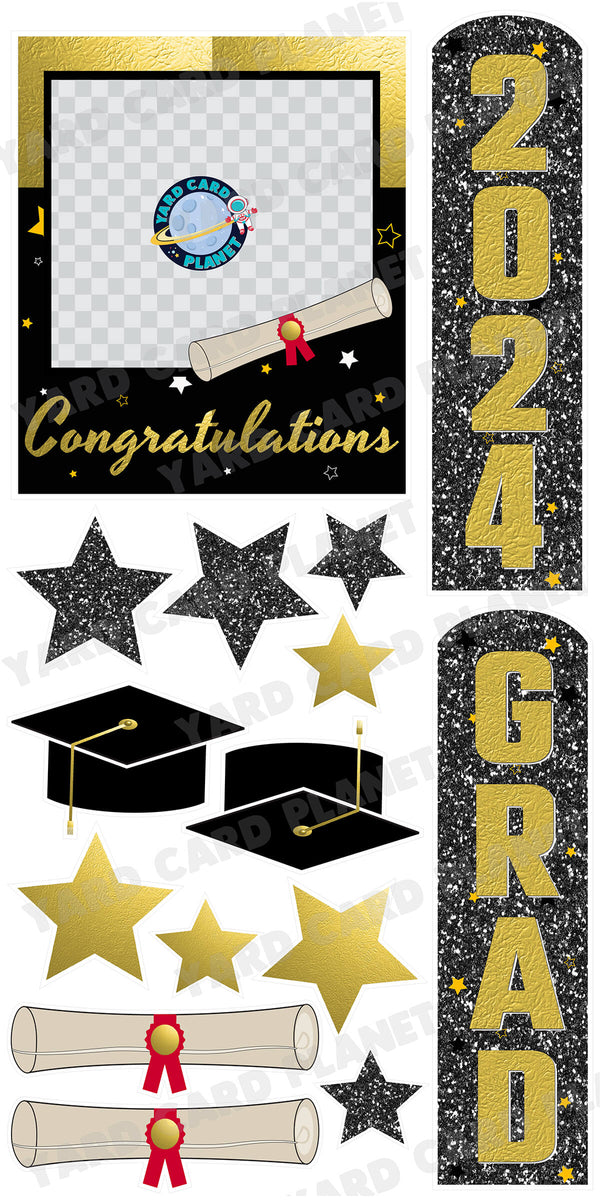 Gold and Black Congratulations Grad Photo Frame and EZ Setup Pillars Yard Card Set