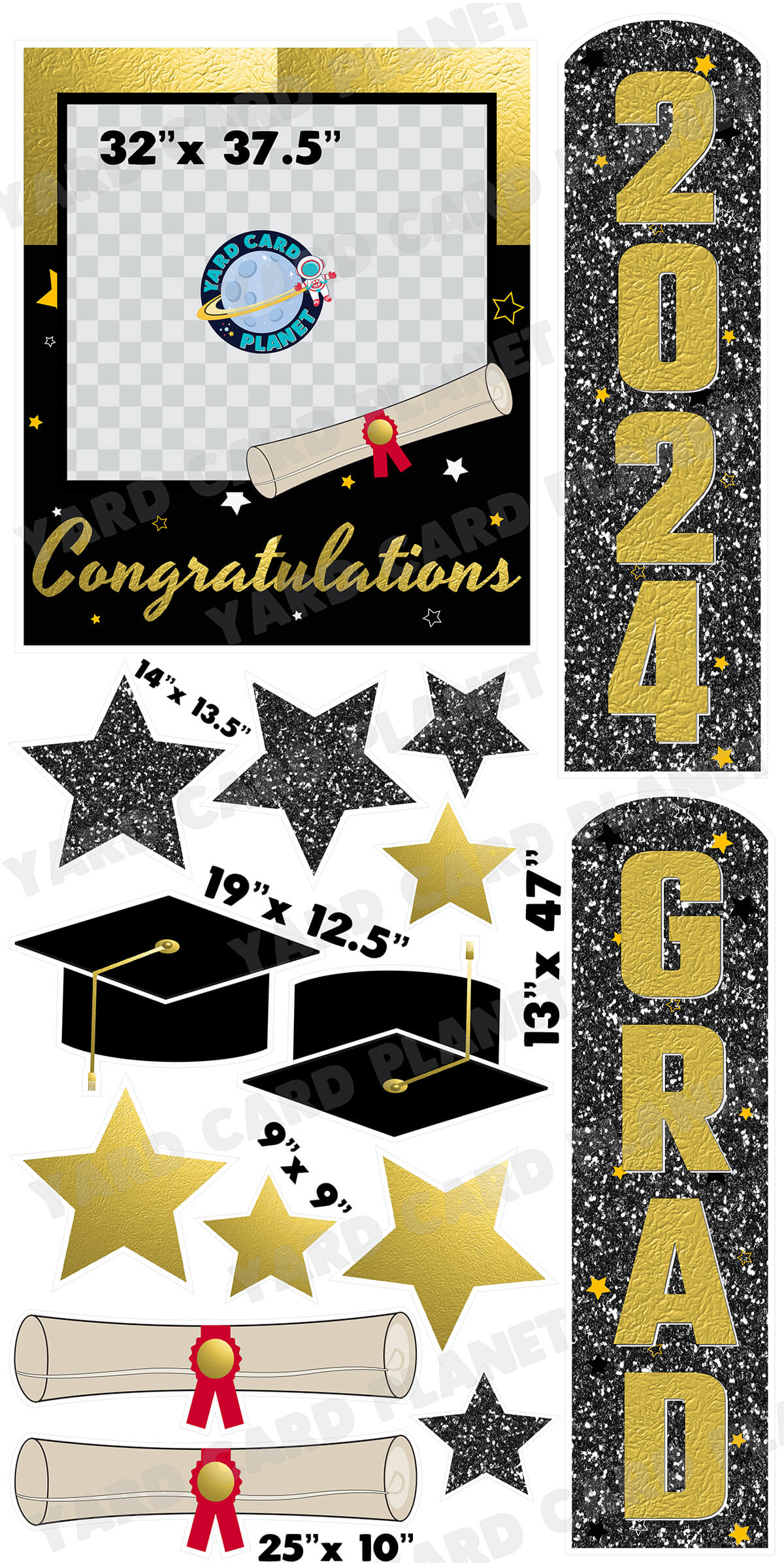 Gold and Black Congratulations Grad Photo Frame and EZ Setup Pillars Yard Card Set