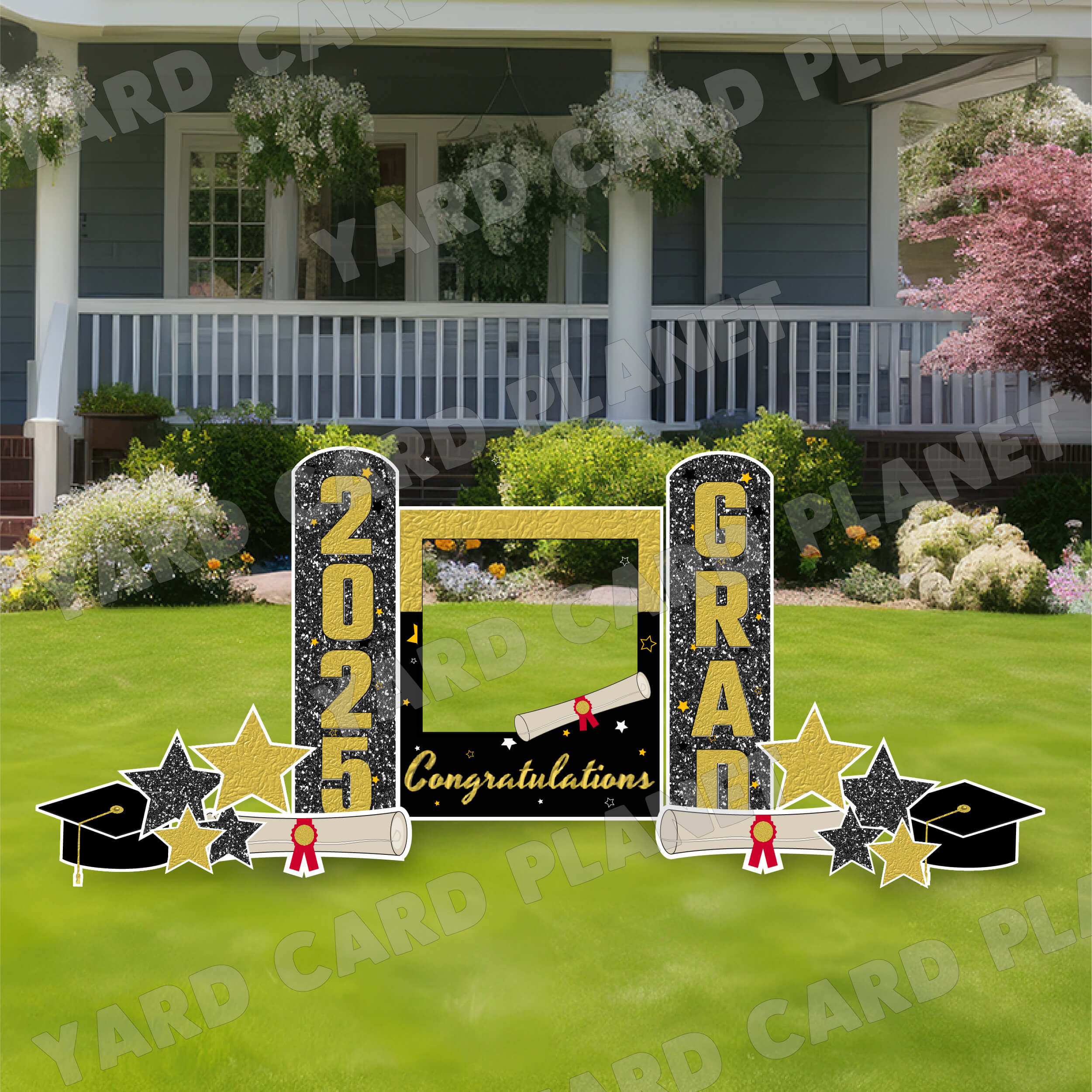 Gold and Black Congratulations Grad Photo Frame and EZ Setup Pillars Yard Card Set