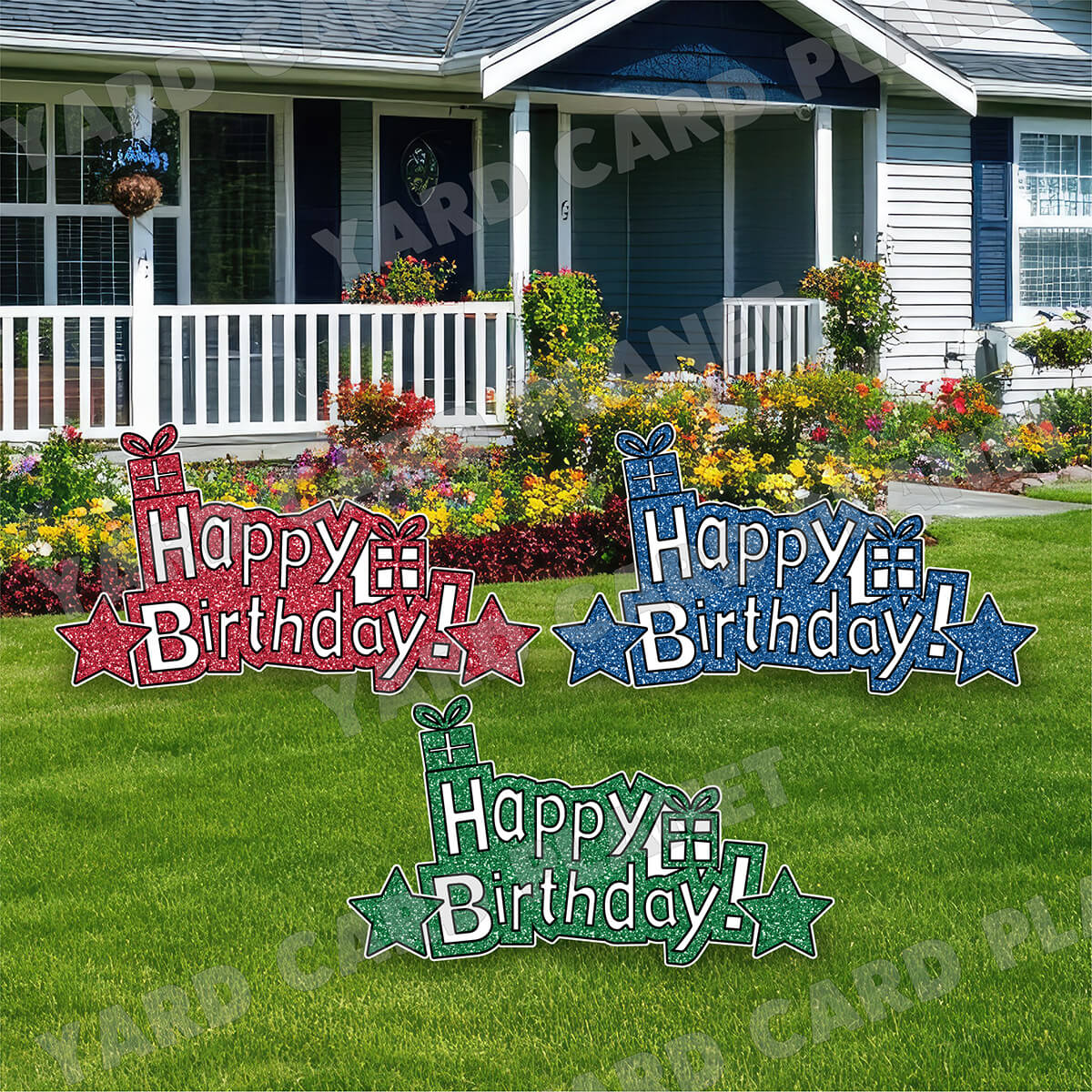 Happy Birthday Red, Blue and Green Glitter EZ Quick Signs and Stars Yard Card Flair Set