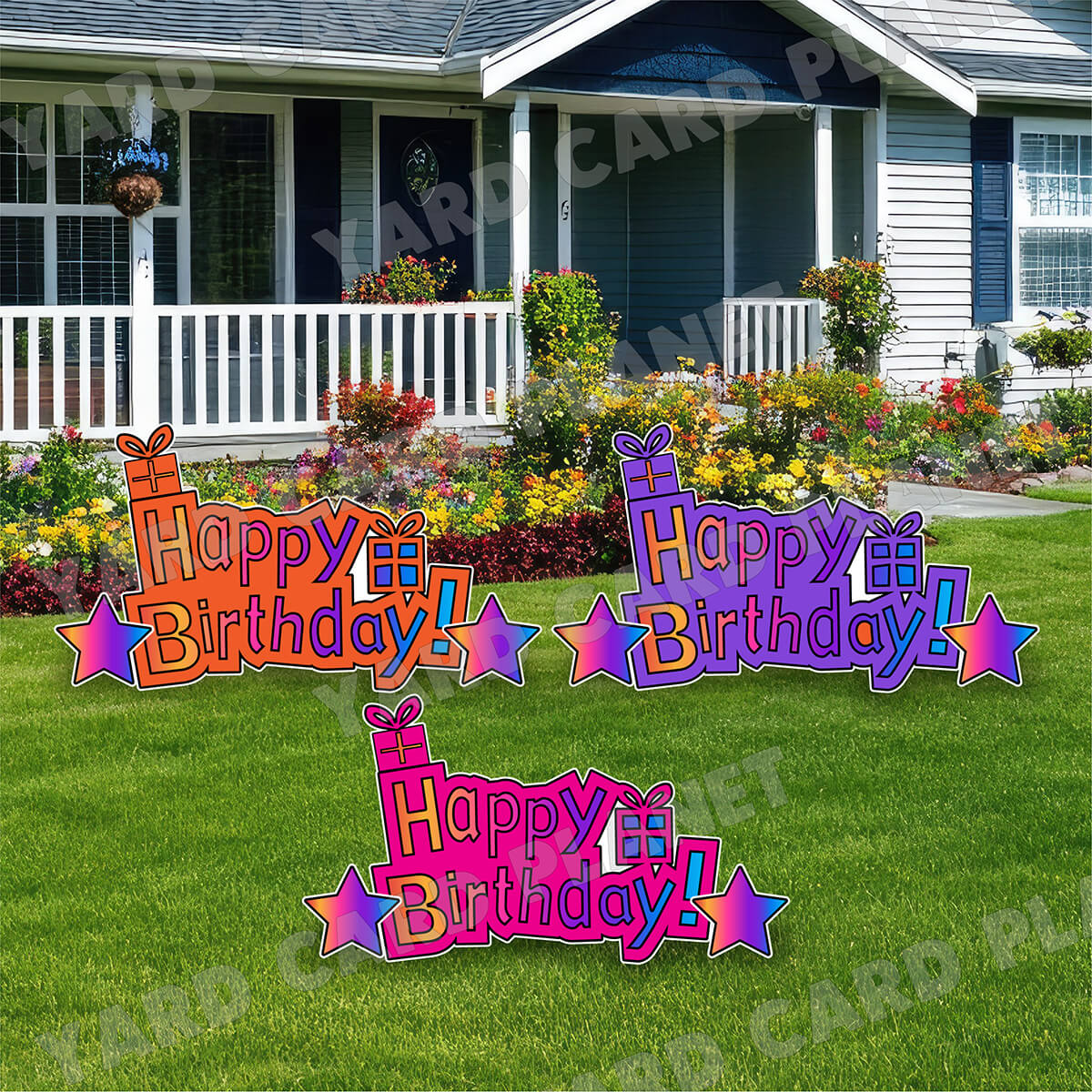 Happy Birthday Orange, Purple and Hot Pink Rainbow EZ Quick Signs and Stars Yard Card Flair Set