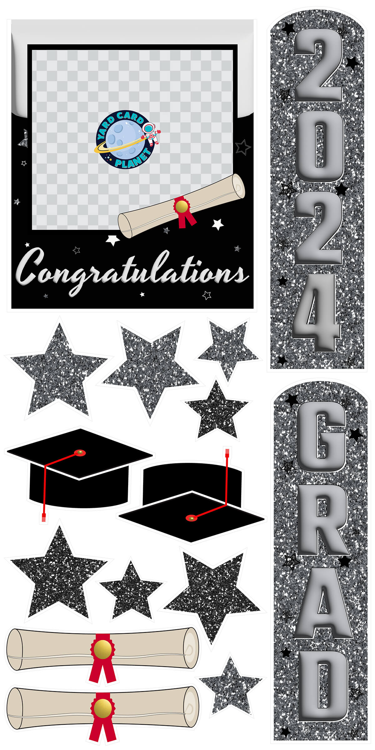 Silver and Black Congratulations Grad Photo Frame and EZ Setup Pillars Yard Card Set