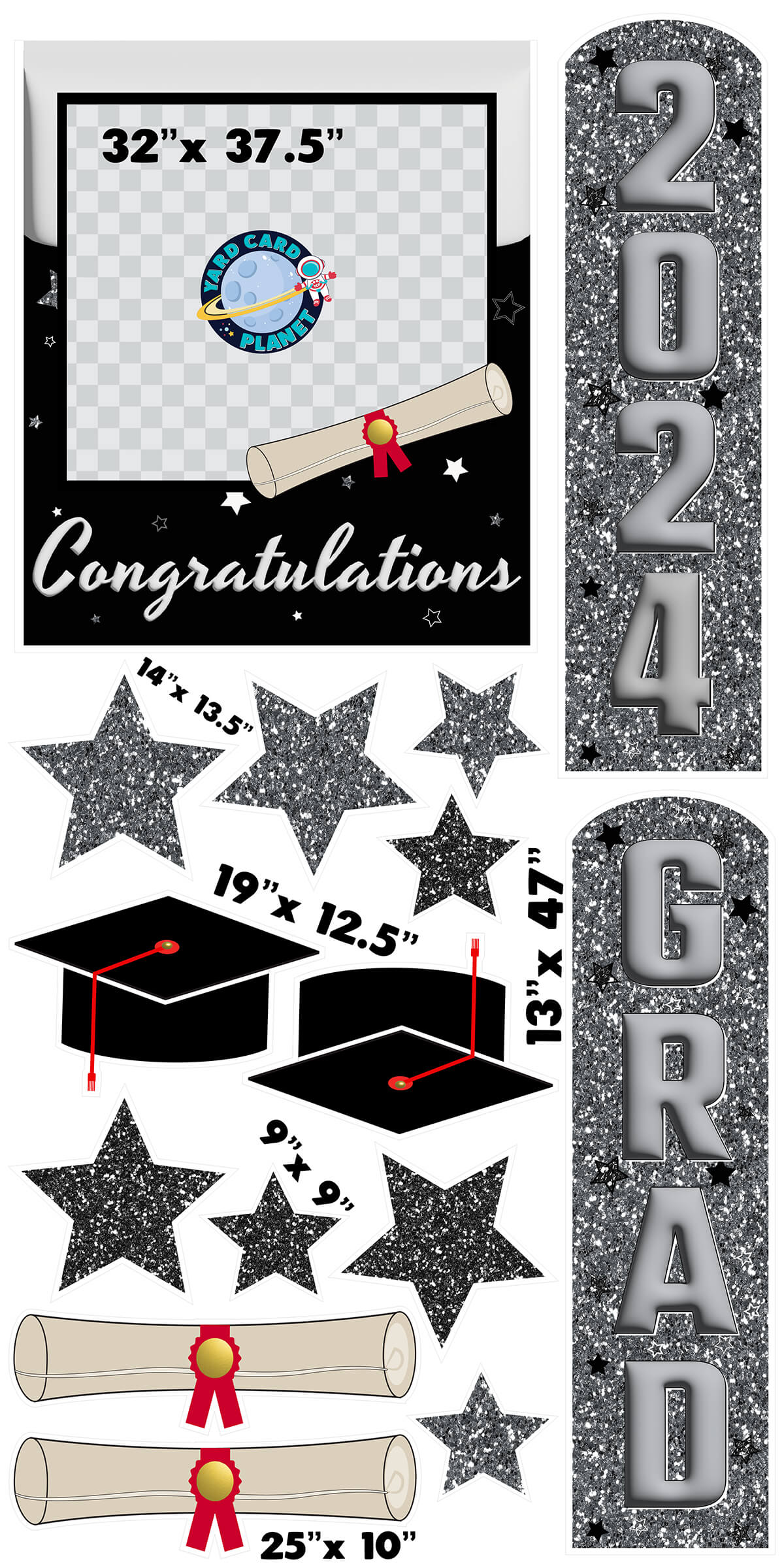 Silver and Black Congratulations Grad Photo Frame and EZ Setup Pillars Yard Card Set