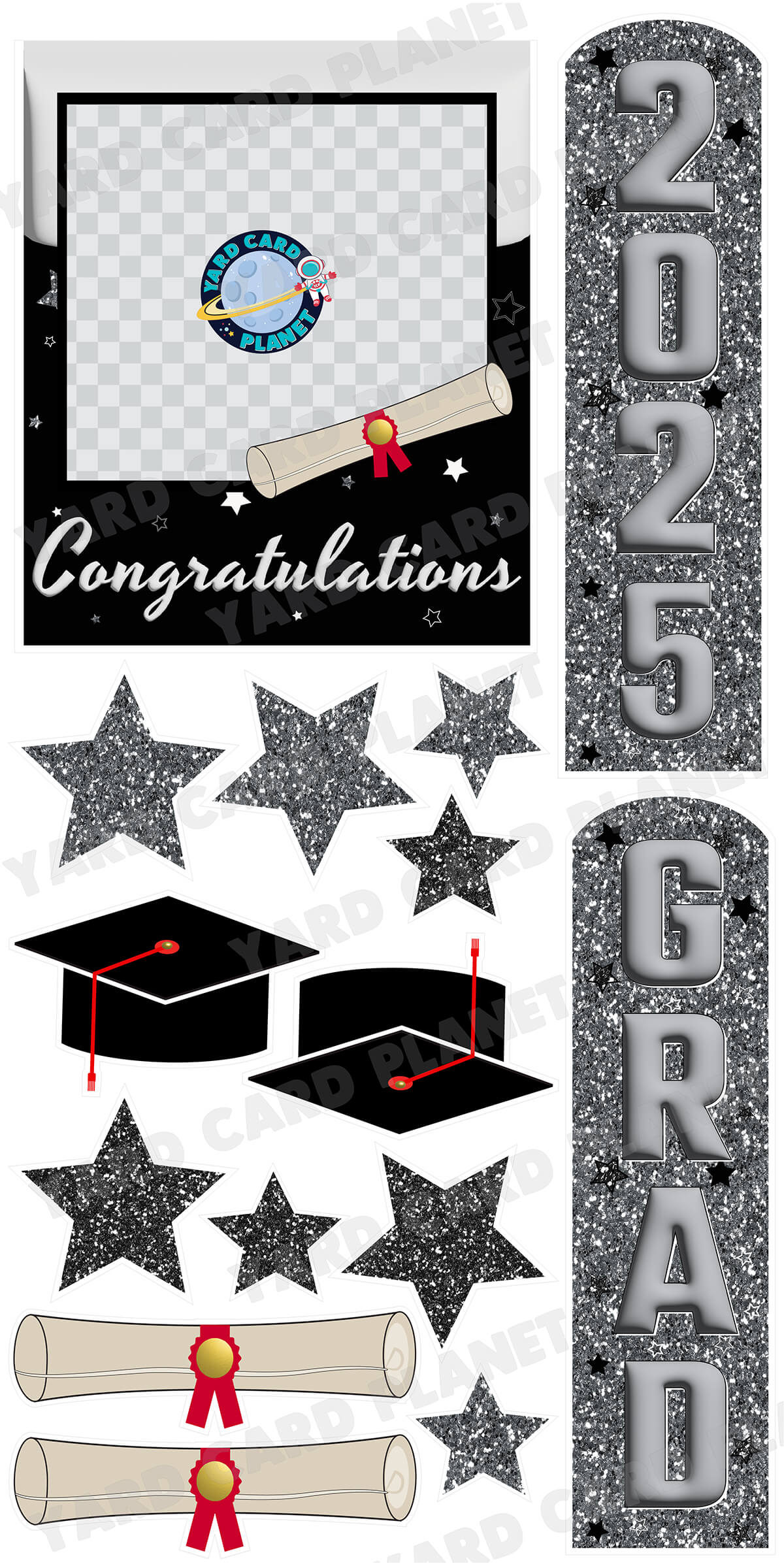 Silver and Black Congratulations Grad Photo Frame and EZ Setup Pillars Yard Card Set