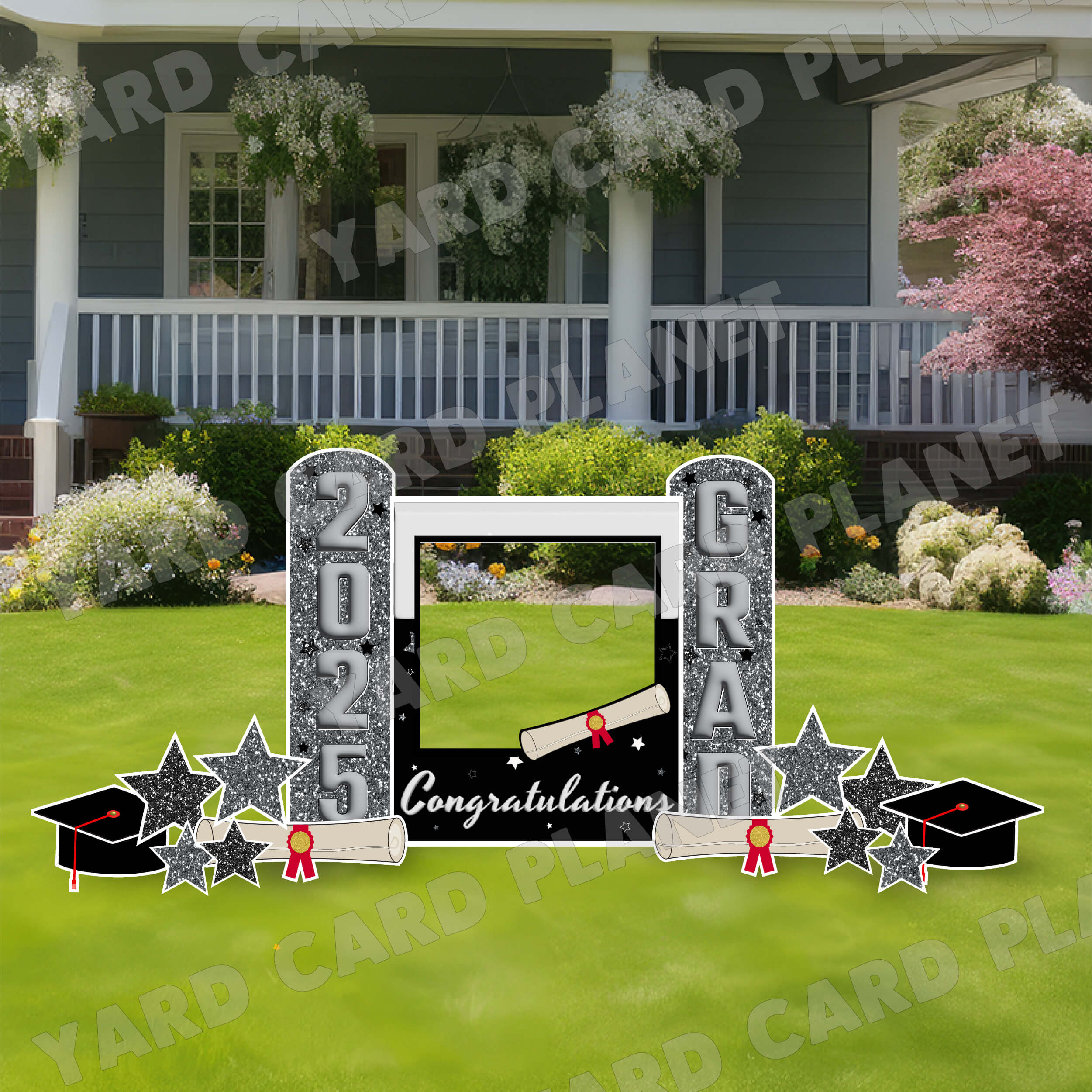 Silver and Black Congratulations Grad Photo Frame and EZ Setup Pillars Yard Card Set