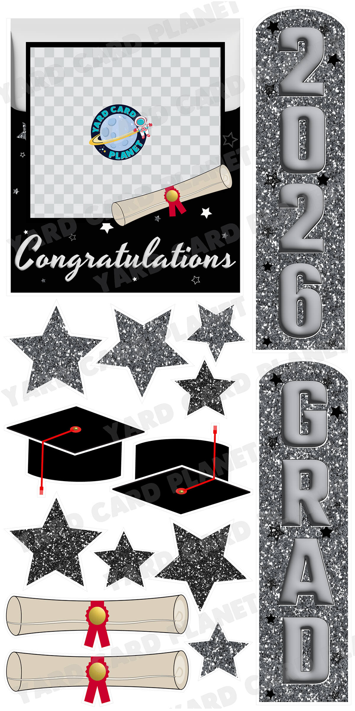 Silver and Black Congratulations Grad Photo Frame and EZ Setup Pillars Yard Card Set