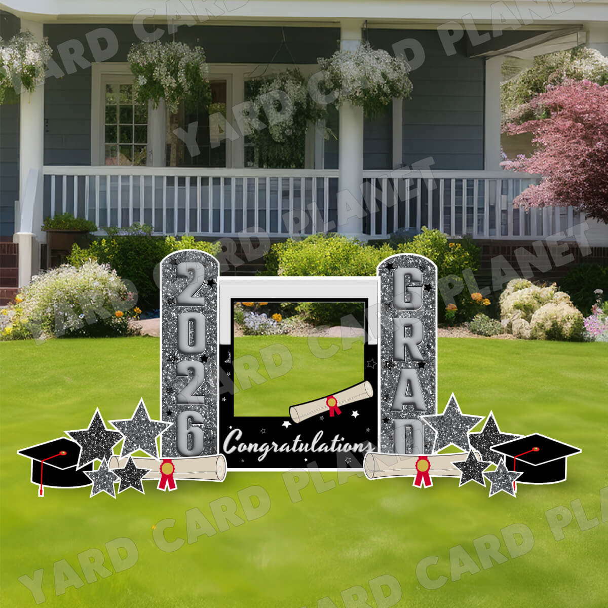 Silver and Black Congratulations Grad Photo Frame and EZ Setup Pillars Yard Card Set