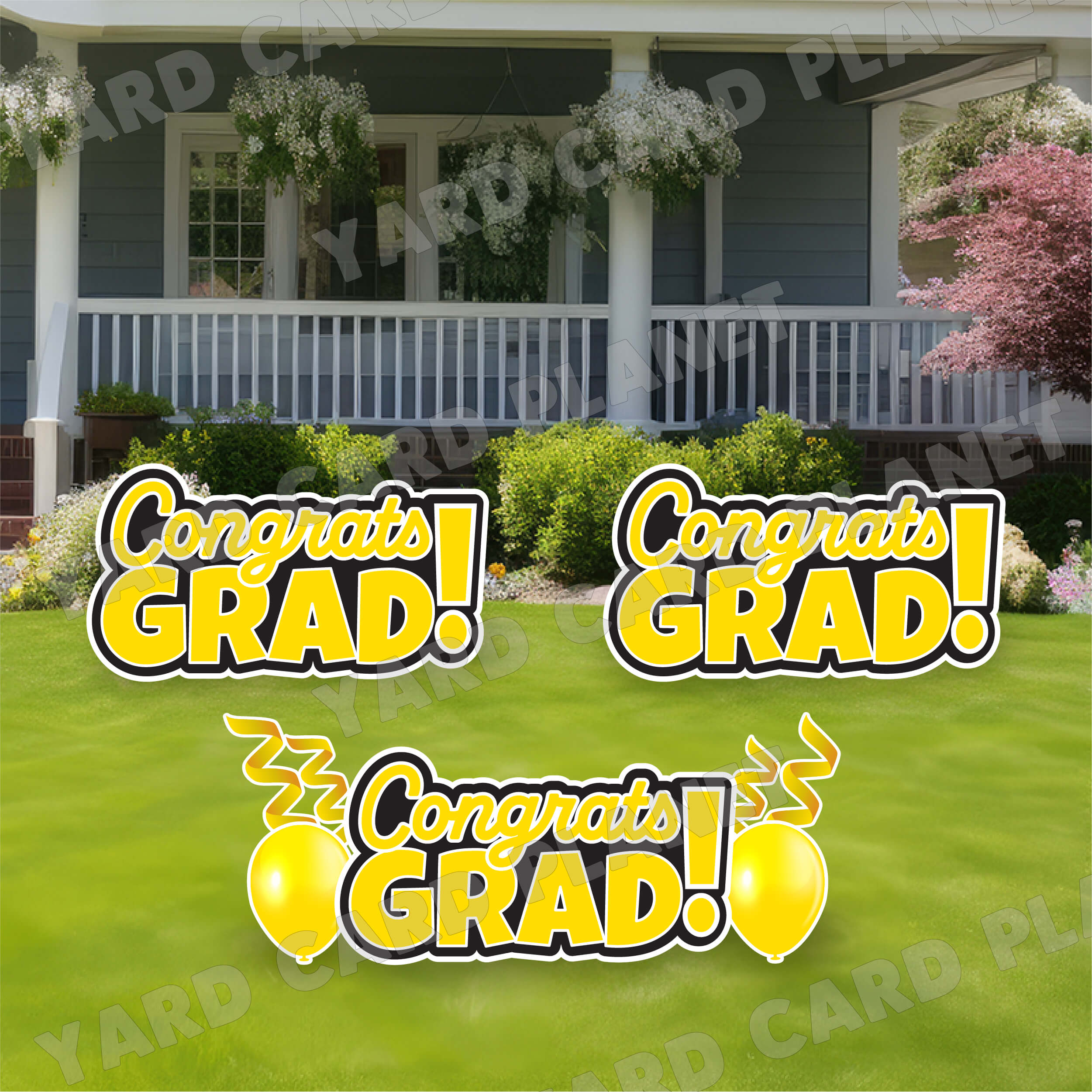 Yellow Congrats Grad EZ Quick Signs with Matching Balloons and Streamers Yard Card Flair Set